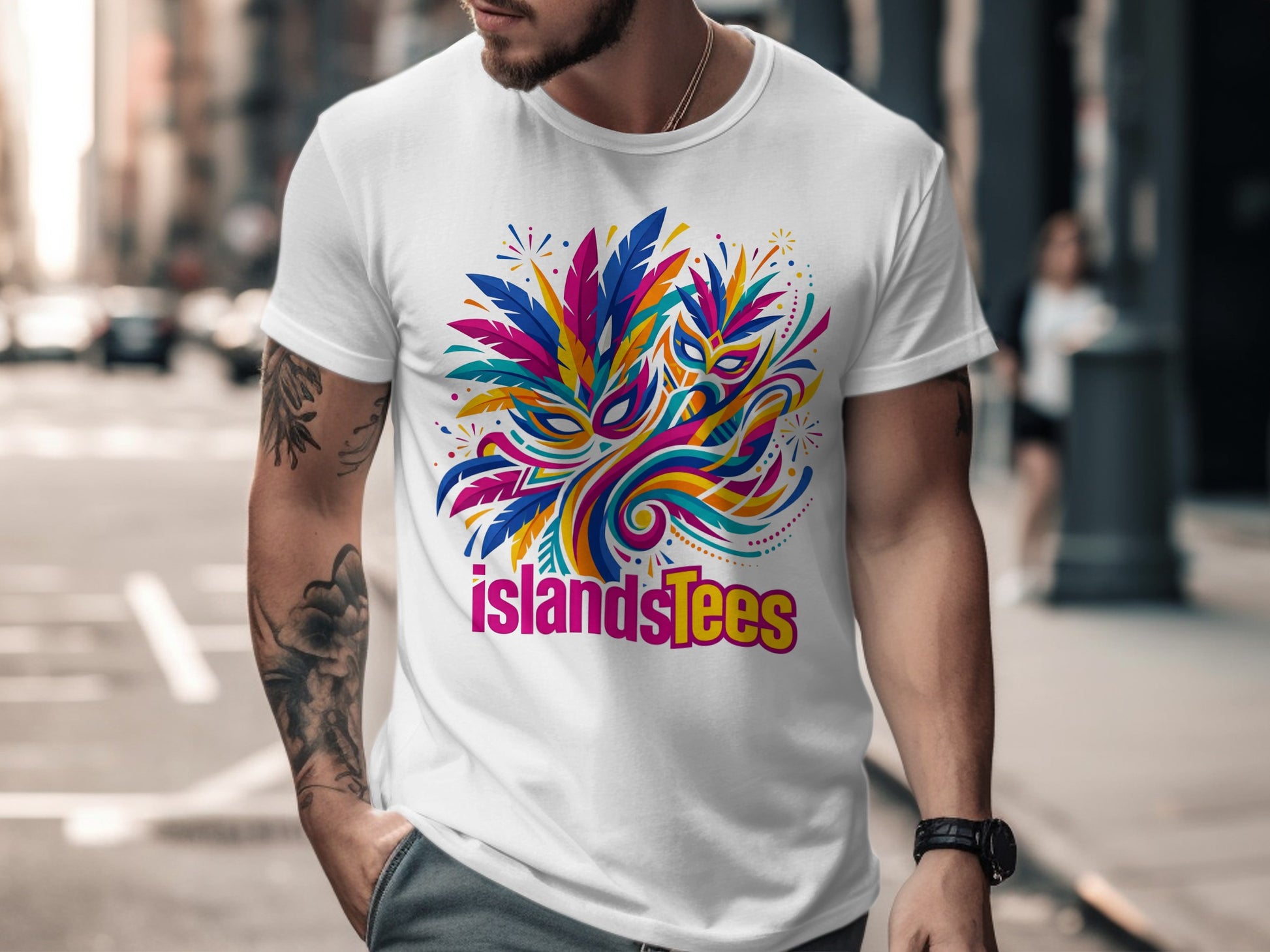 White t-shirt with colorful, abstract feather and mask design, "islandsTees" text.