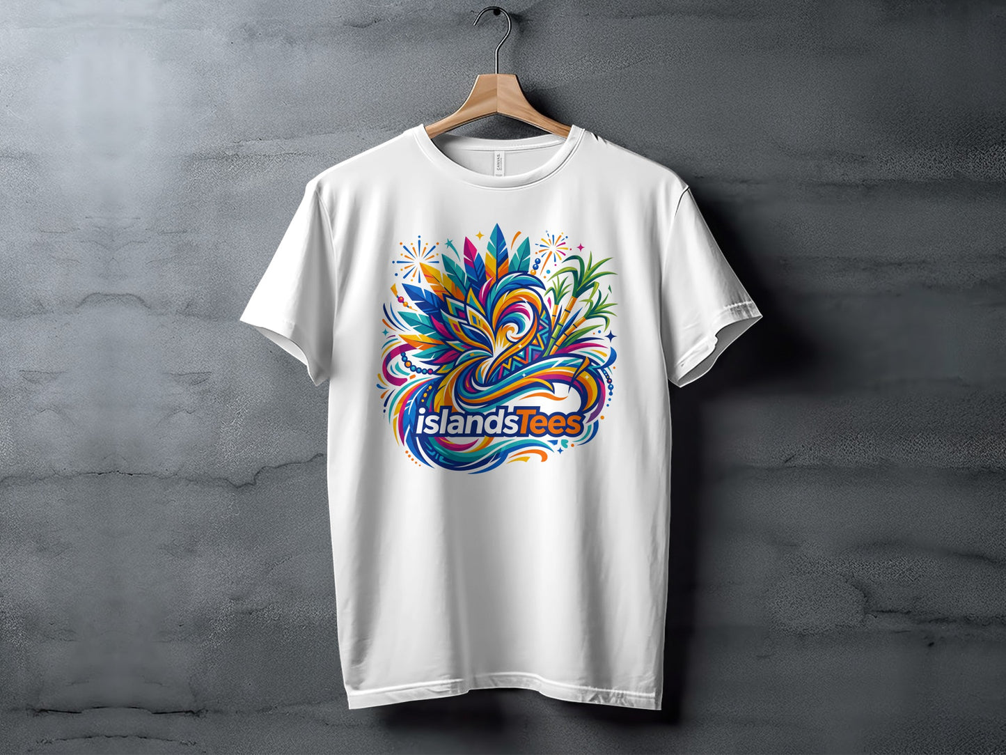 White t-shirt with colorful abstract design and "Islands Tees" logo.