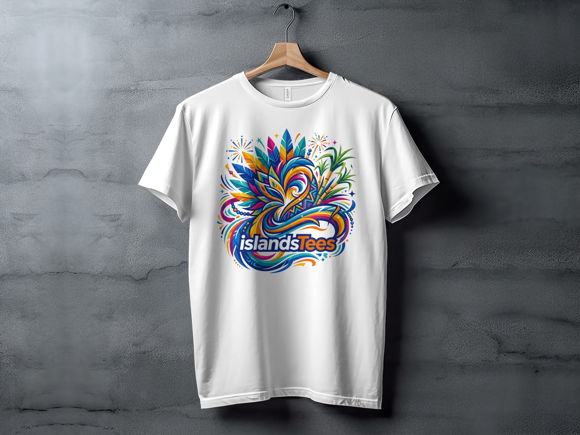 White t-shirt with colorful abstract design and "Islands Tees" logo.