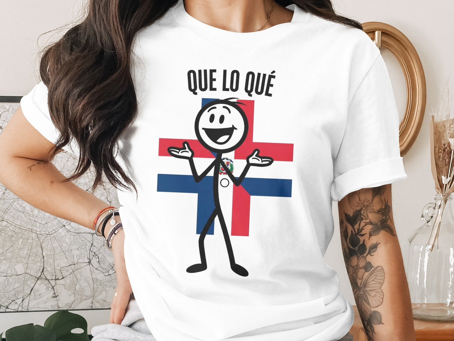 T-shirt with stick figure and Dominican Republic flag design.