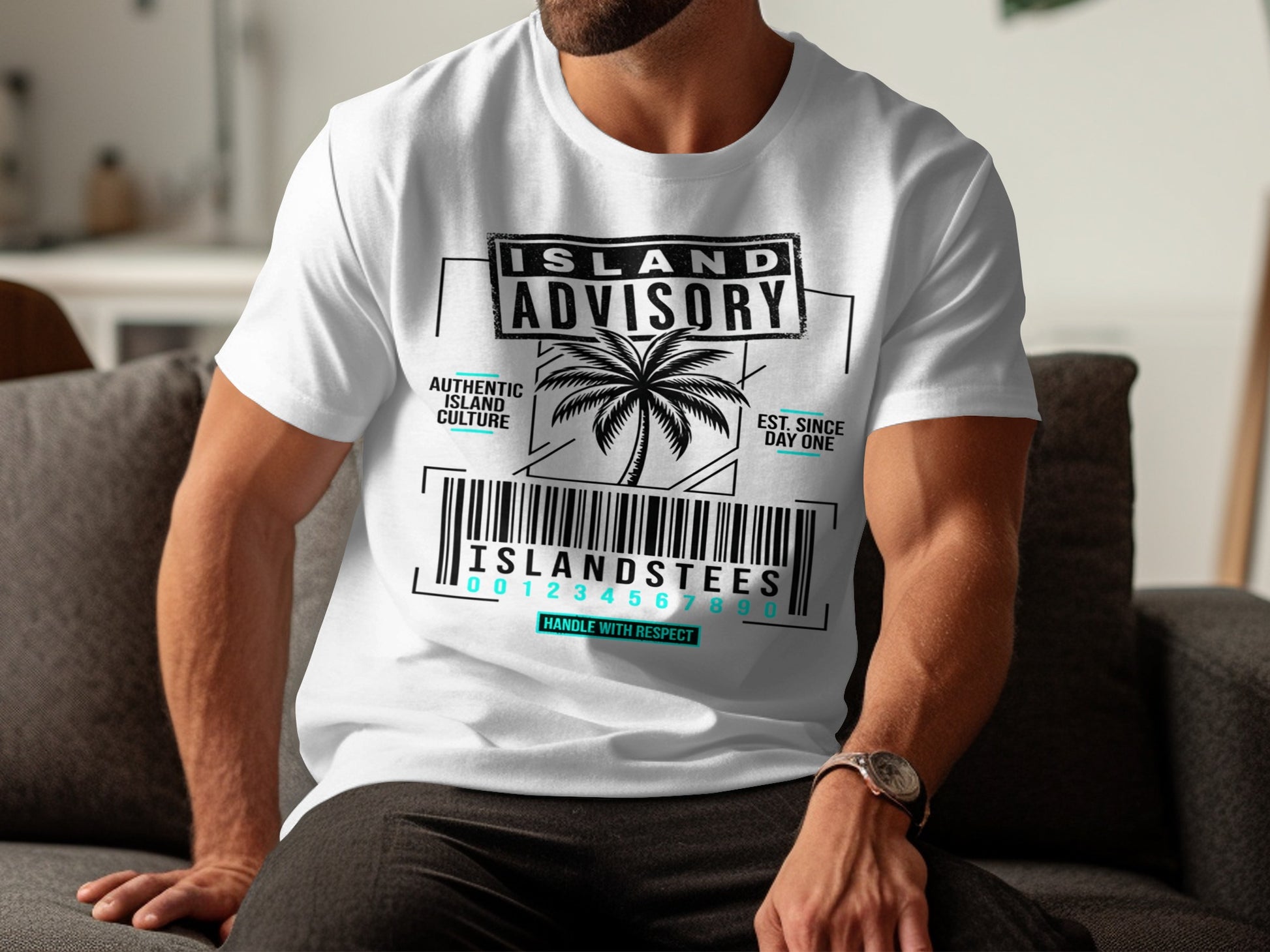 White t-shirt with "Island Advisory" design, palm tree, barcode, and text.