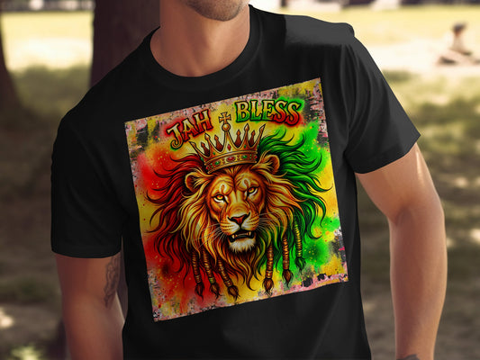 Black t-shirt with a colorful lion wearing a crown and "JAH BLESS" text.