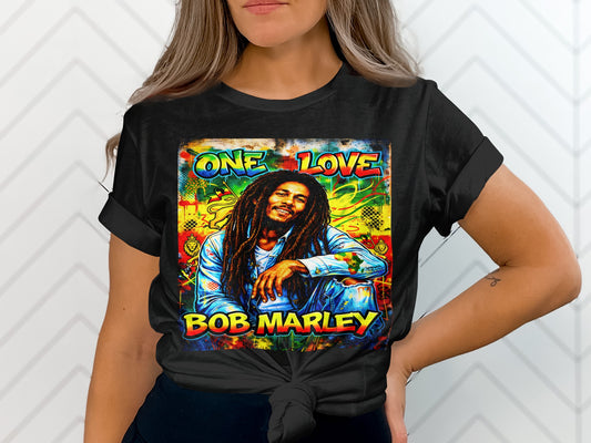 Black t-shirt with Bob Marley graphic and "ONE LOVE" text.