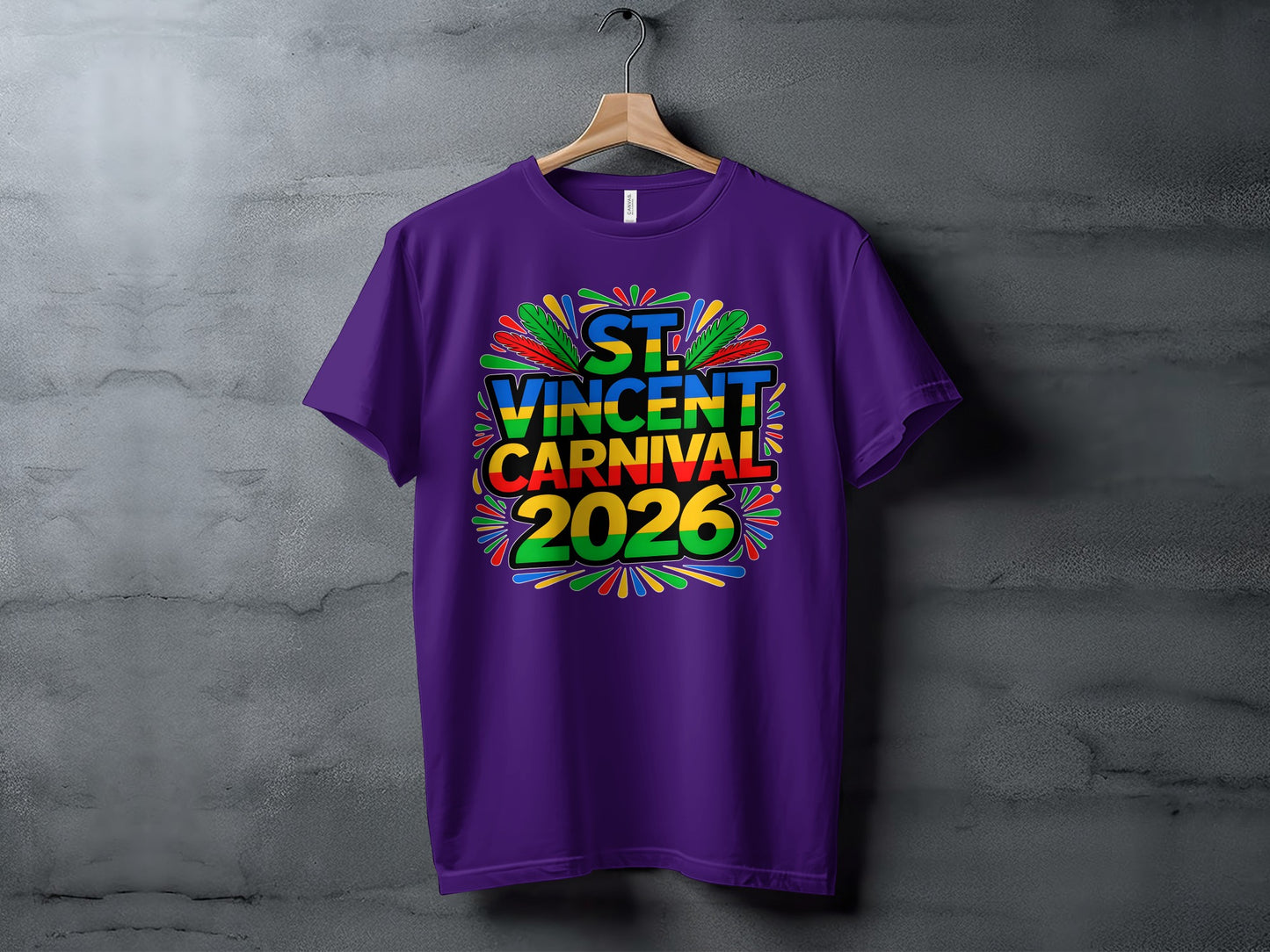 Purple t-shirt with "St. Vincent Carnival 2026" in colorful text and feathers.