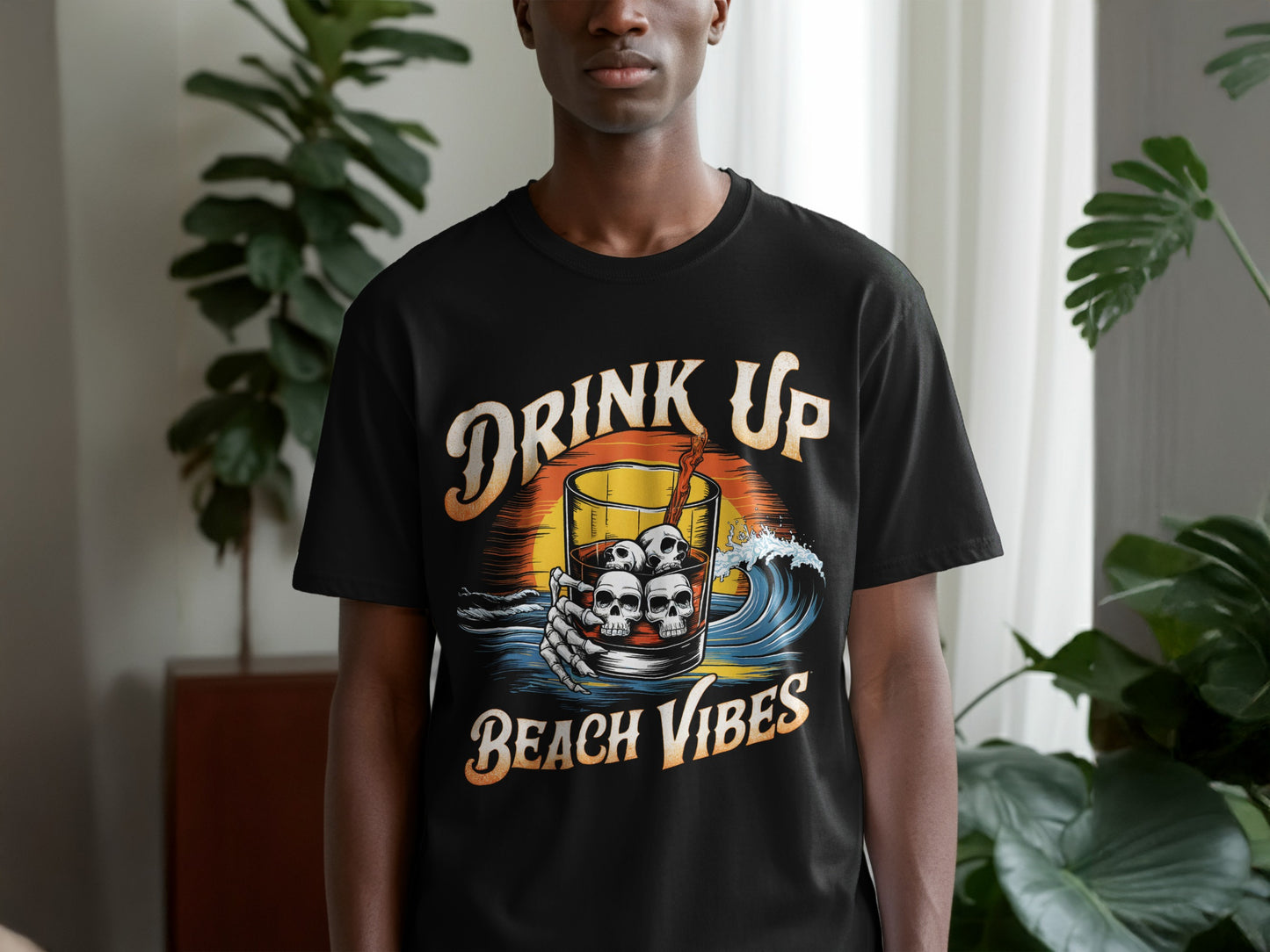 Drink Up Beach Vibes Skull Hand T-Shirt