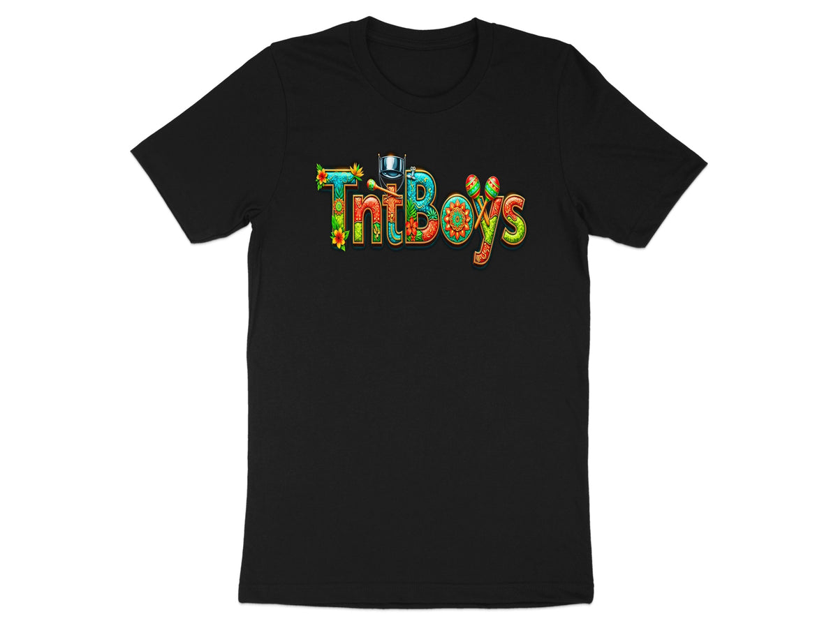Black t-shirt with colorful "TNT Boys" text and floral accents.