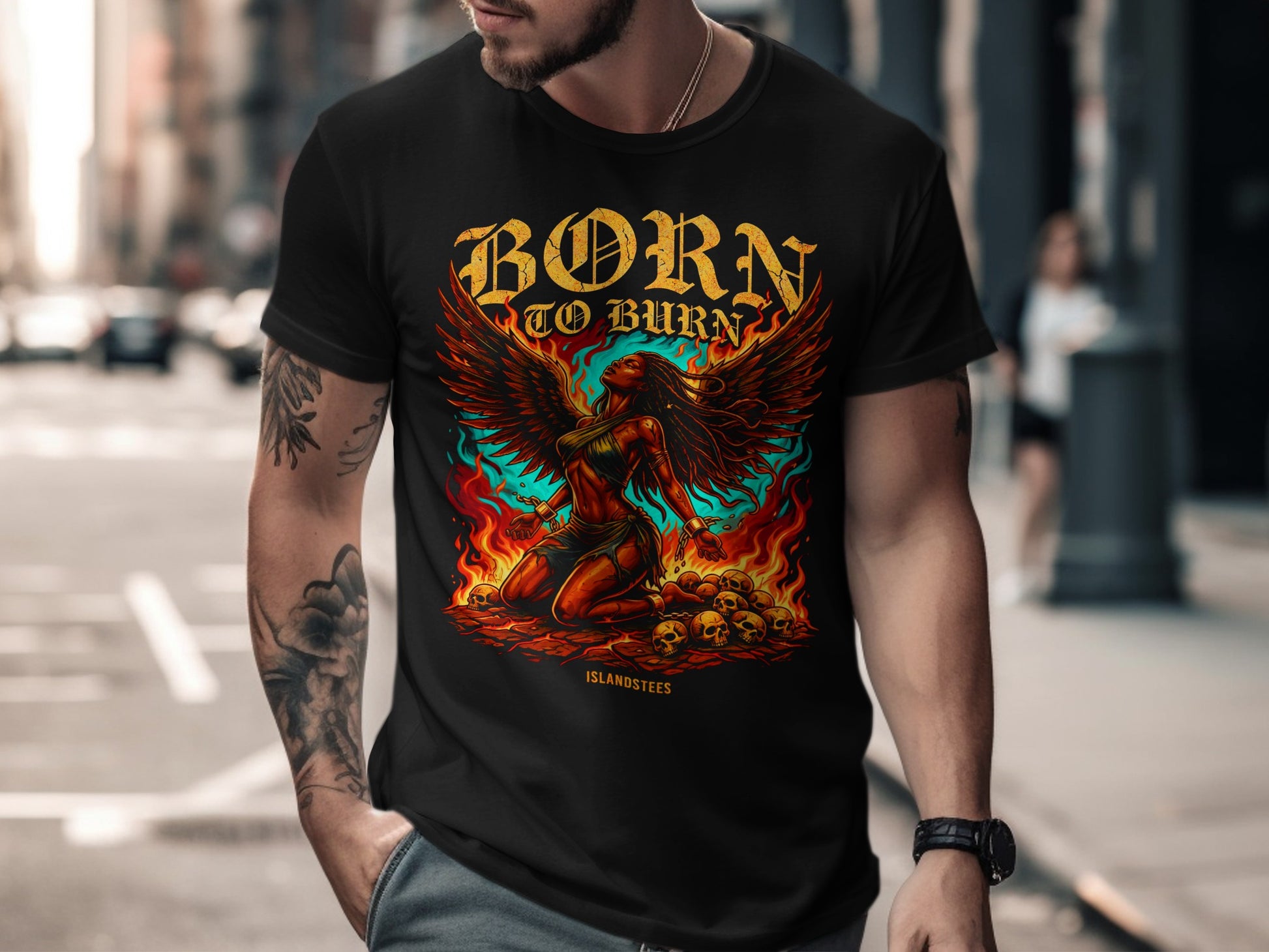 Black t-shirt with "Born to Burn" text, angel, and skulls graphic.