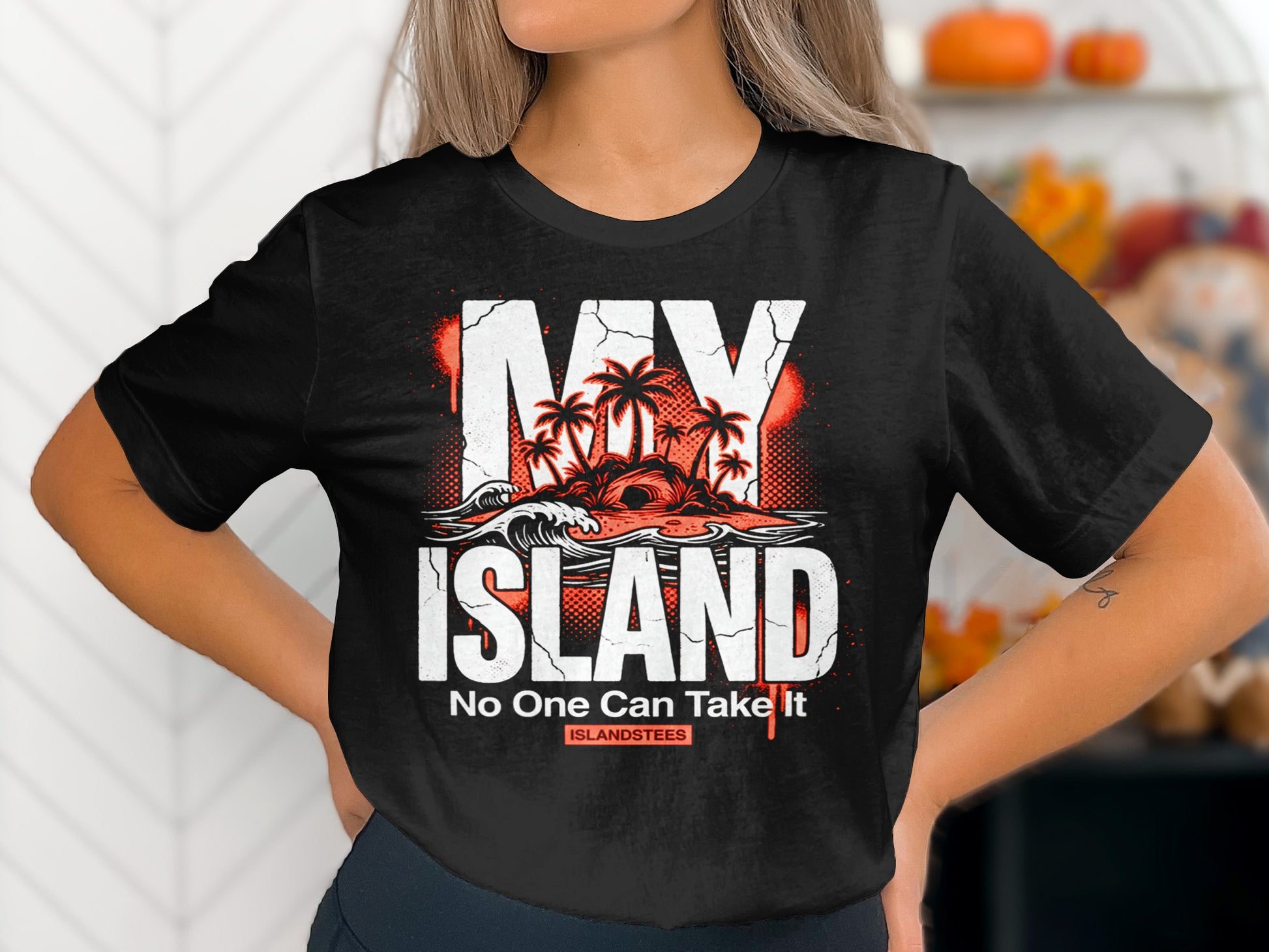 Black t-shirt with "MY ISLAND" text and tropical island graphic.