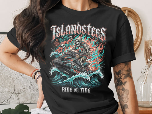 Skeleton riding a jet ski through waves with "ISLANDSTEES" and "RIDE OR TIDE" text.
