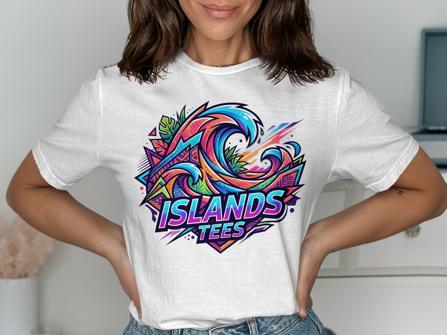 White t-shirt with a vibrant wave graphic and "ISLANDS TEES" text.