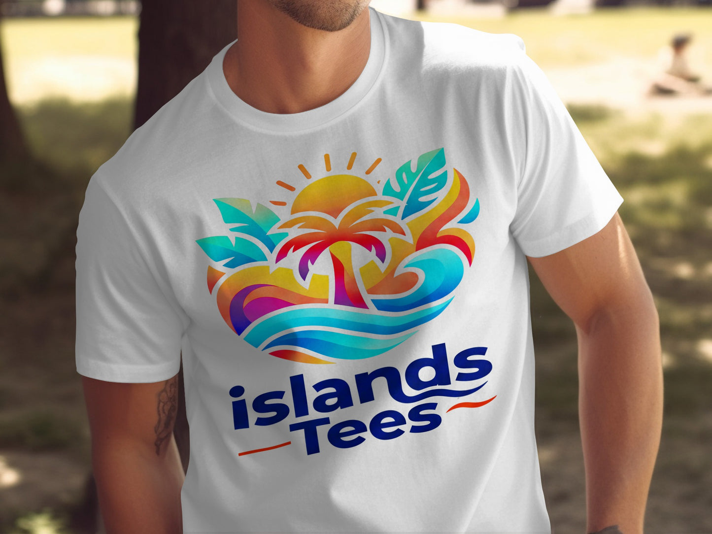 White t-shirt with colorful Islands Tees logo featuring palm tree, sun, and waves.