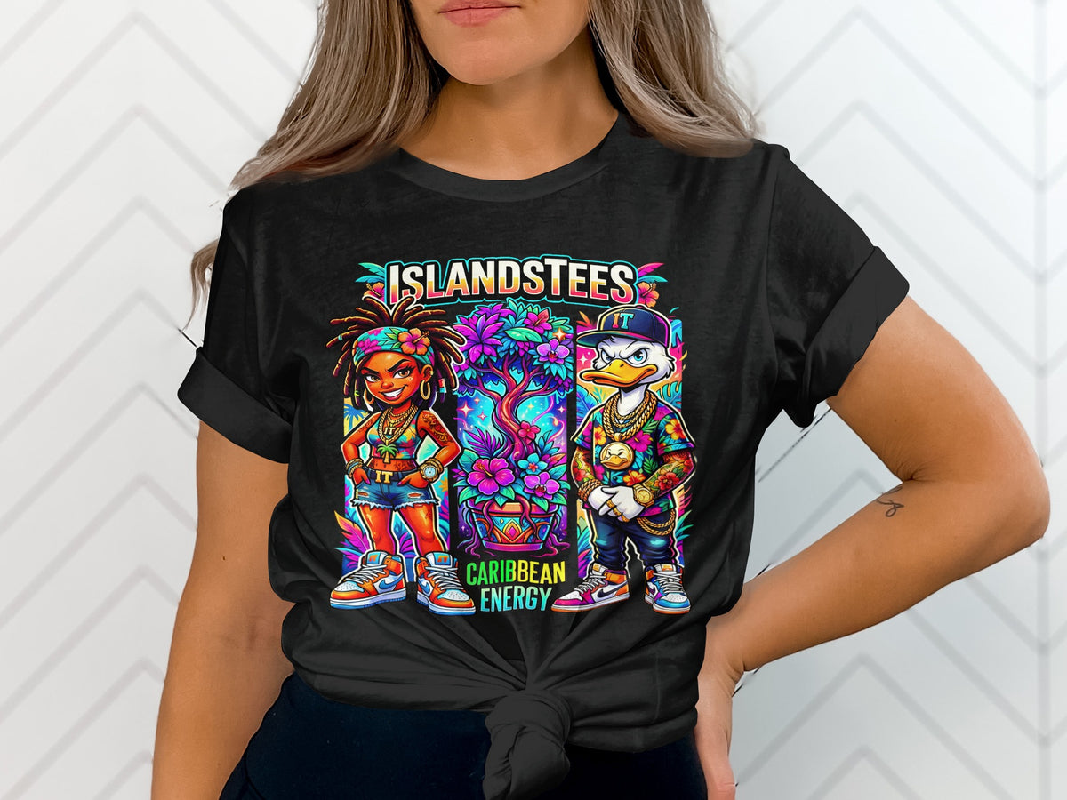 T-shirt with colorful cartoon characters and text ISLANDSTEES CARIBBEAN ENERGY.