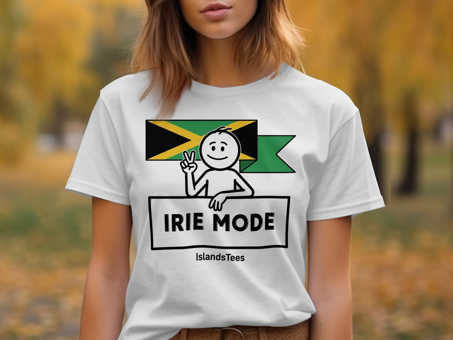 White t-shirt with Jamaican flag, "IRIE MODE" text, and peace sign stick figure.