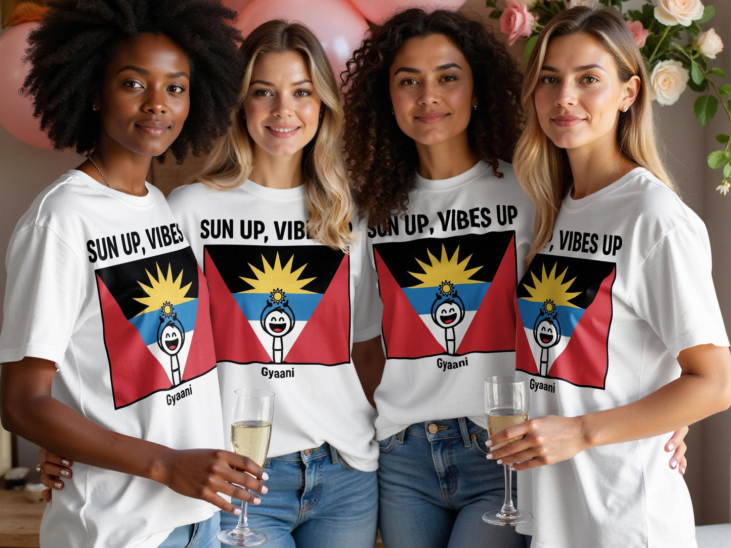 Four women in white t-shirts with "SUN UP, VIBES UP" and "Gyaani" printed on them.