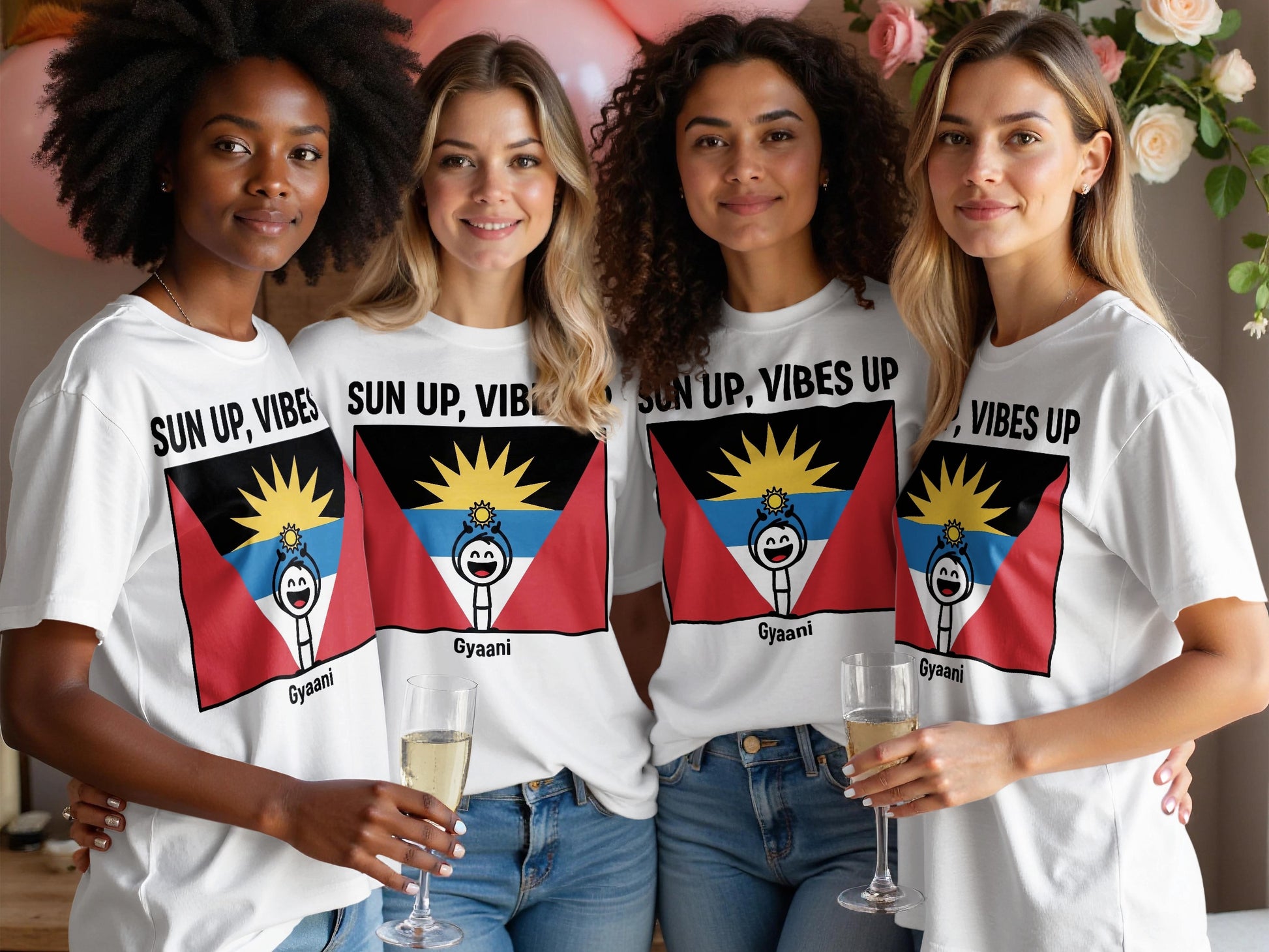 Four women in white t-shirts with "SUN UP, VIBES UP" and "Gyaani" printed on them.