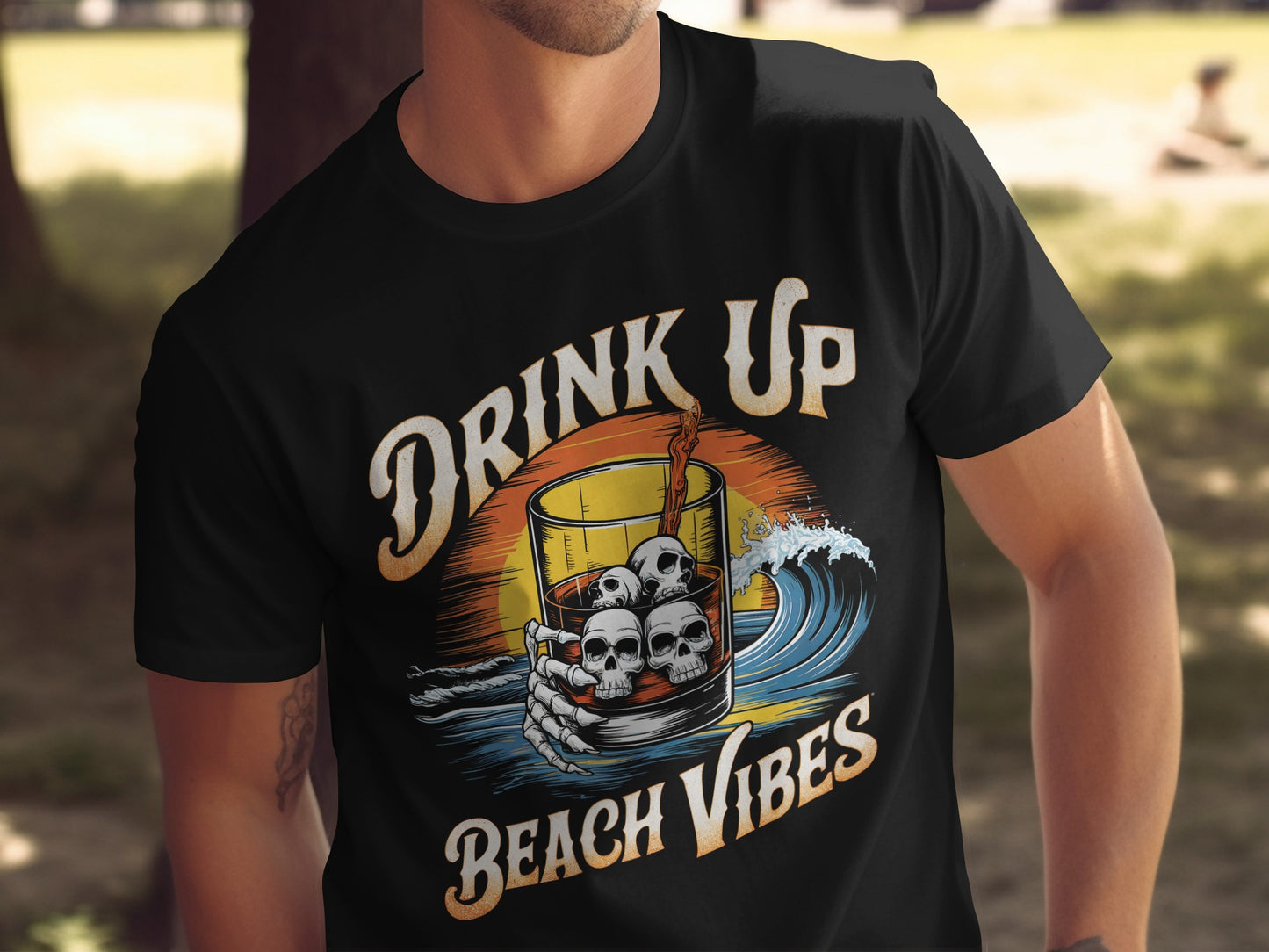 Drink Up Beach Vibes Skull Drink T-Shirt