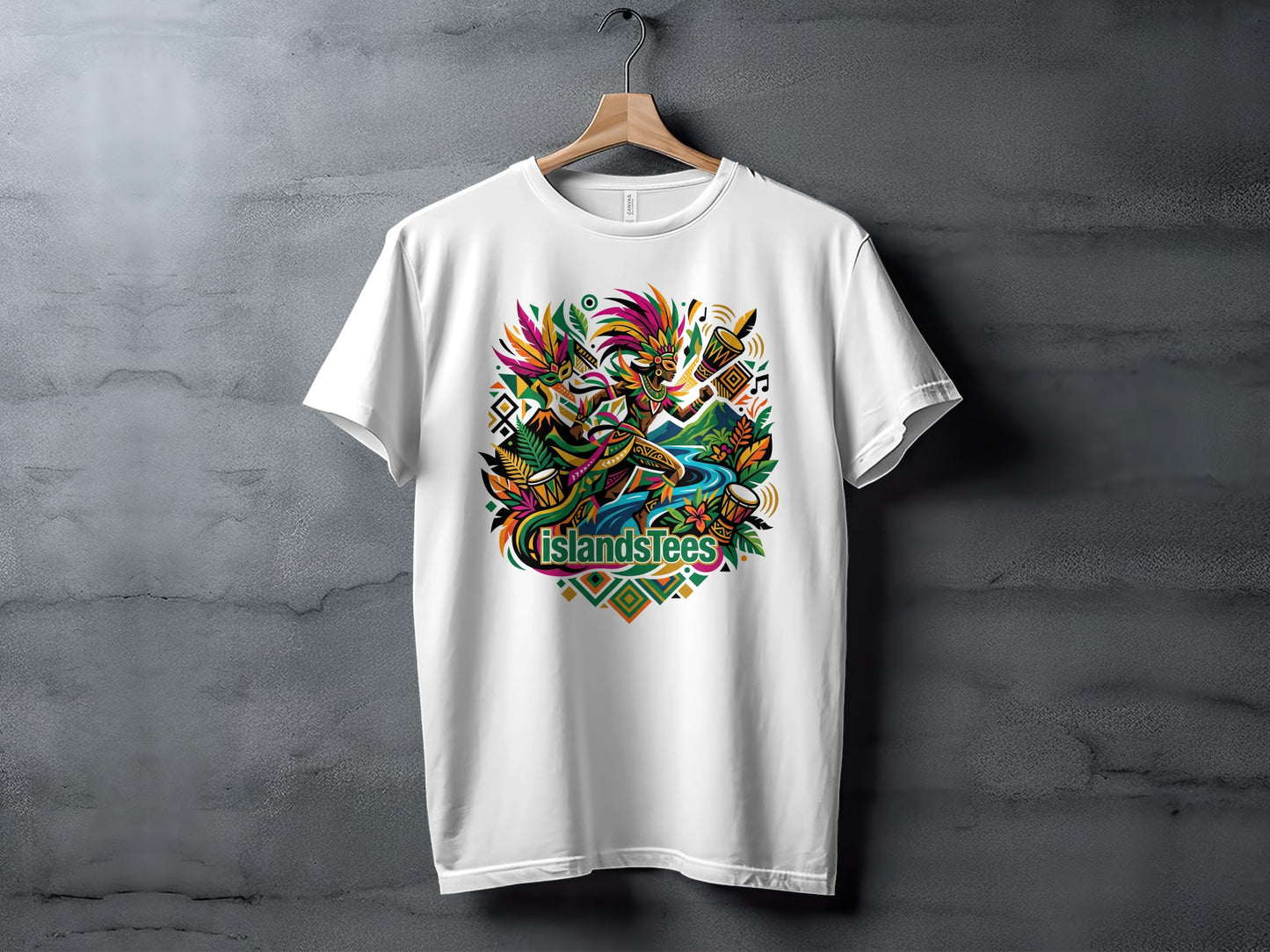 White t-shirt with vibrant Caribbean-inspired graphic and text "IslandSlees".