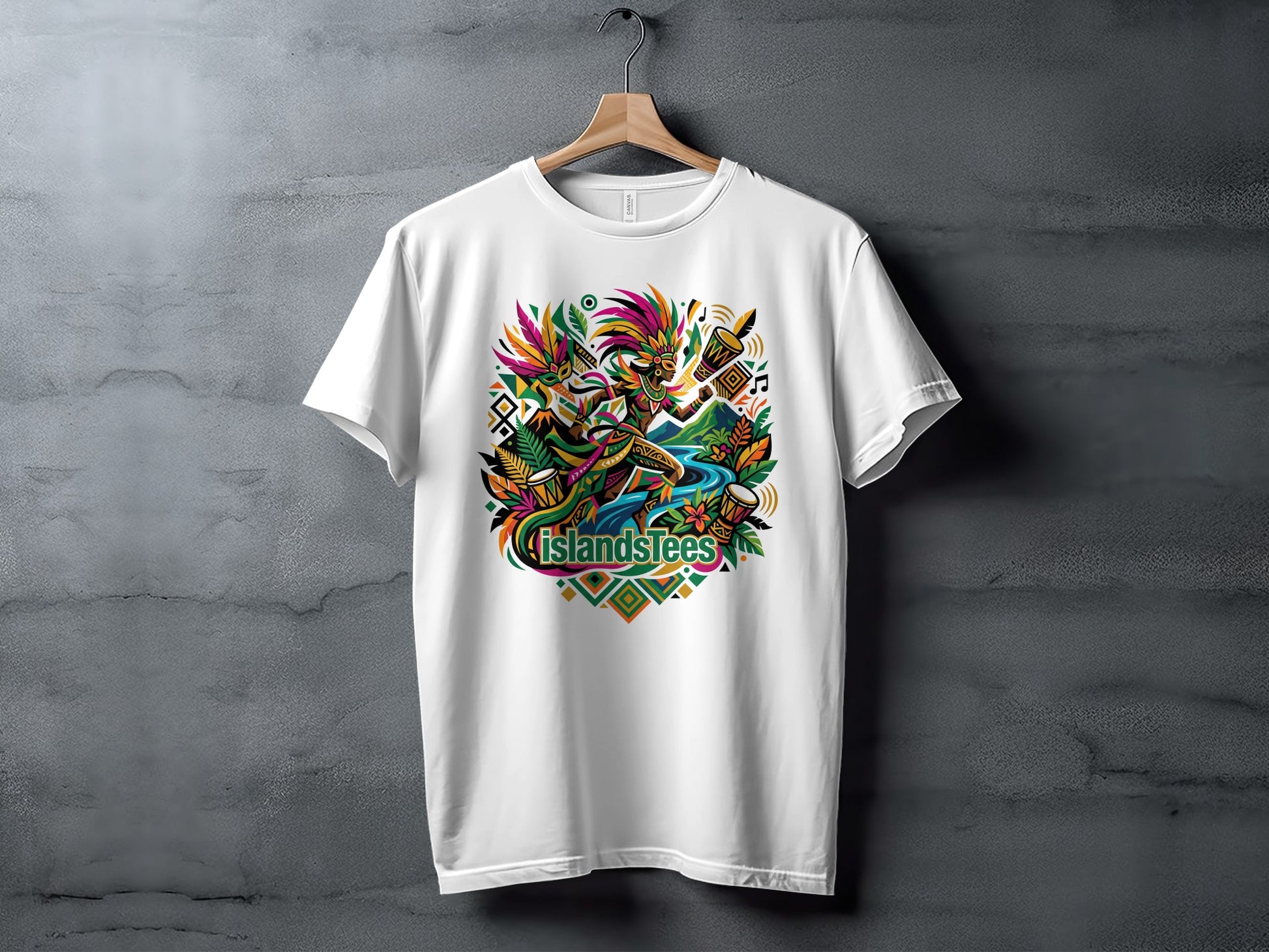 White t-shirt with vibrant Caribbean-inspired graphic and text "IslandSlees".