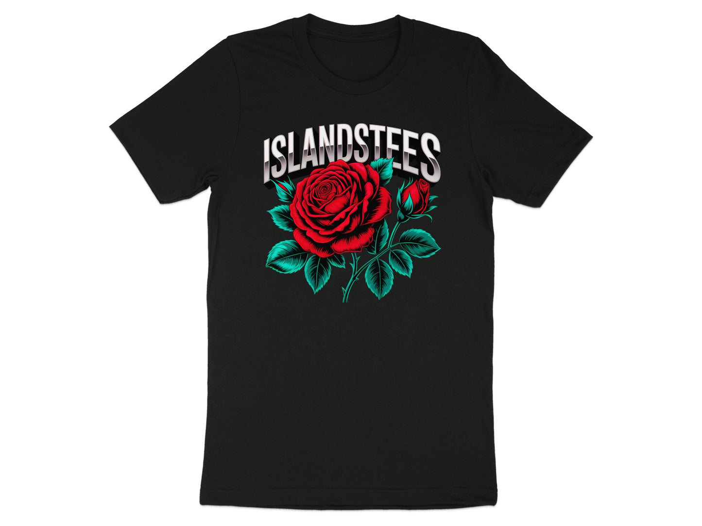 Black t-shirt with red rose and "ISLANDSTEES" text.
