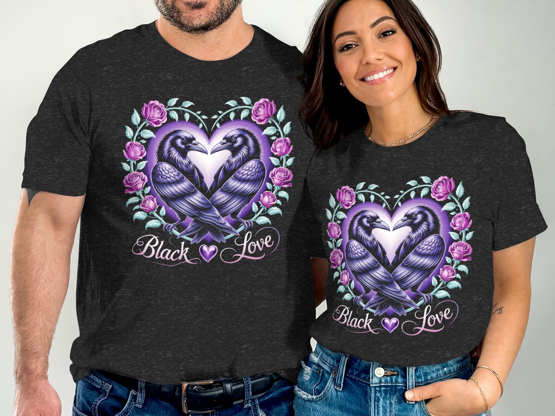 Black Love Design Two Ravens and Roses Art T-shirt