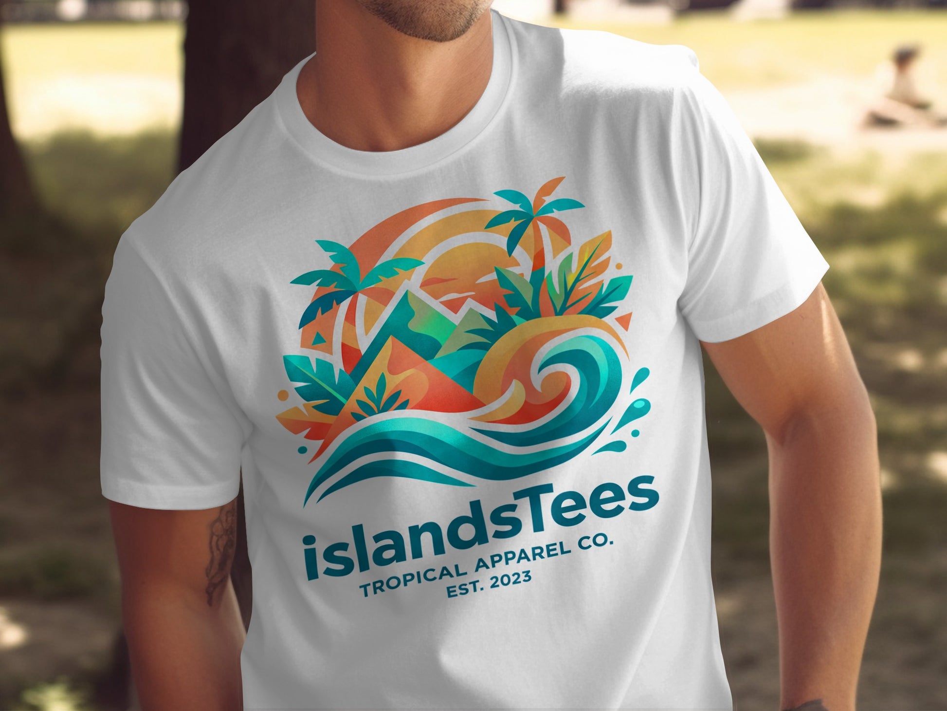White t-shirt with tropical island graphic and "IslandsTees Tropical Apparel Co." text.