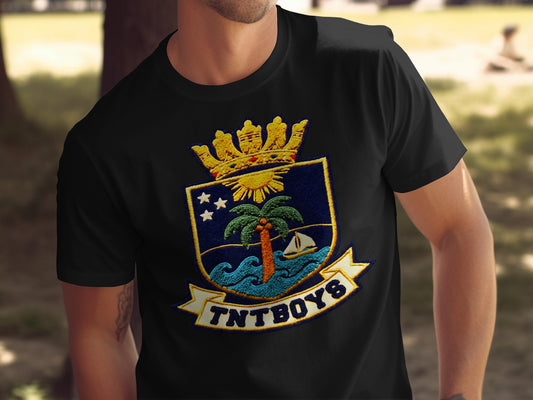 Black t-shirt with embroidered crest featuring a palm tree, sailboat, waves, and "TNTBOYS" text.
