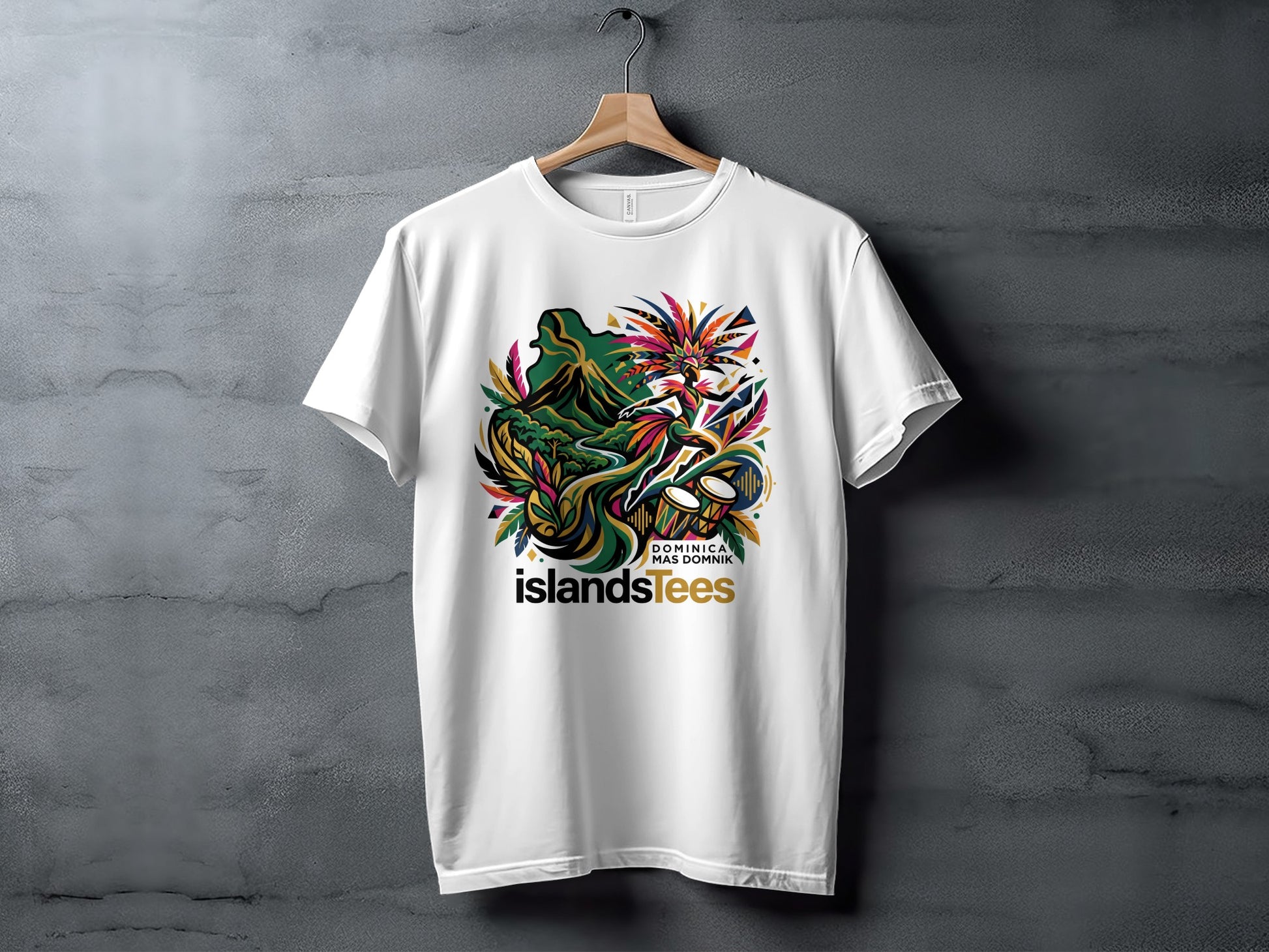 White t-shirt with a vibrant graphic of a lush landscape and carnival dancers.
