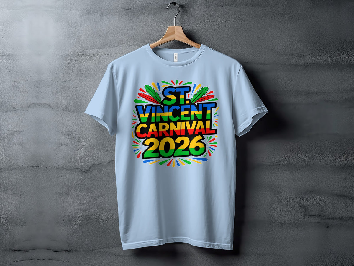 Light blue t-shirt with "St. Vincent Carnival 2026" text and colorful feathers.