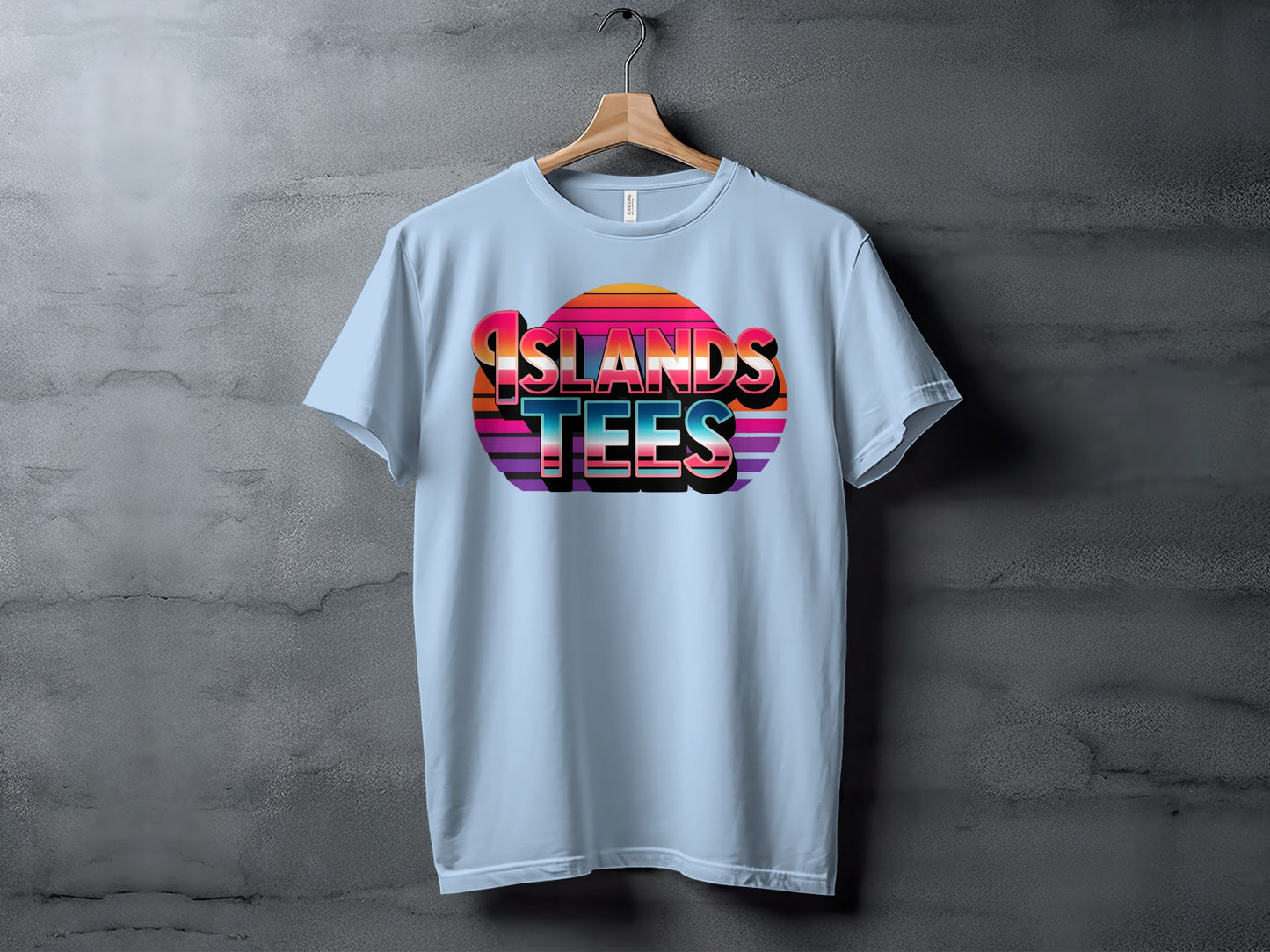 Light blue t-shirt with "ISLANDS TEES" text and striped gradient circle.