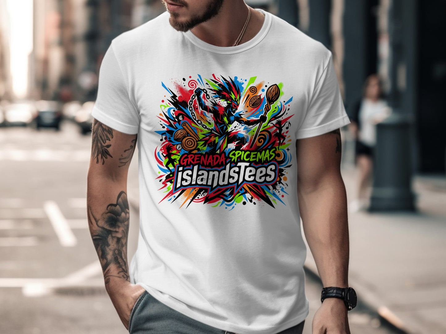 White t-shirt with colorful "Grenada Spicemas Islands Tees" graphic.