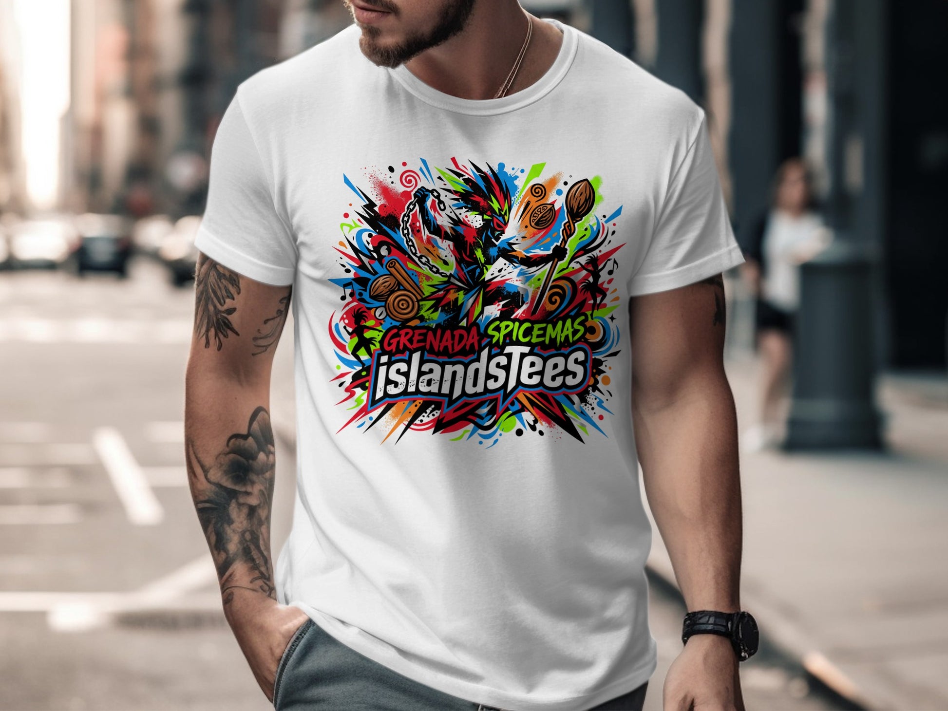 White t-shirt with colorful "Grenada Spicemas Islands Tees" graphic.