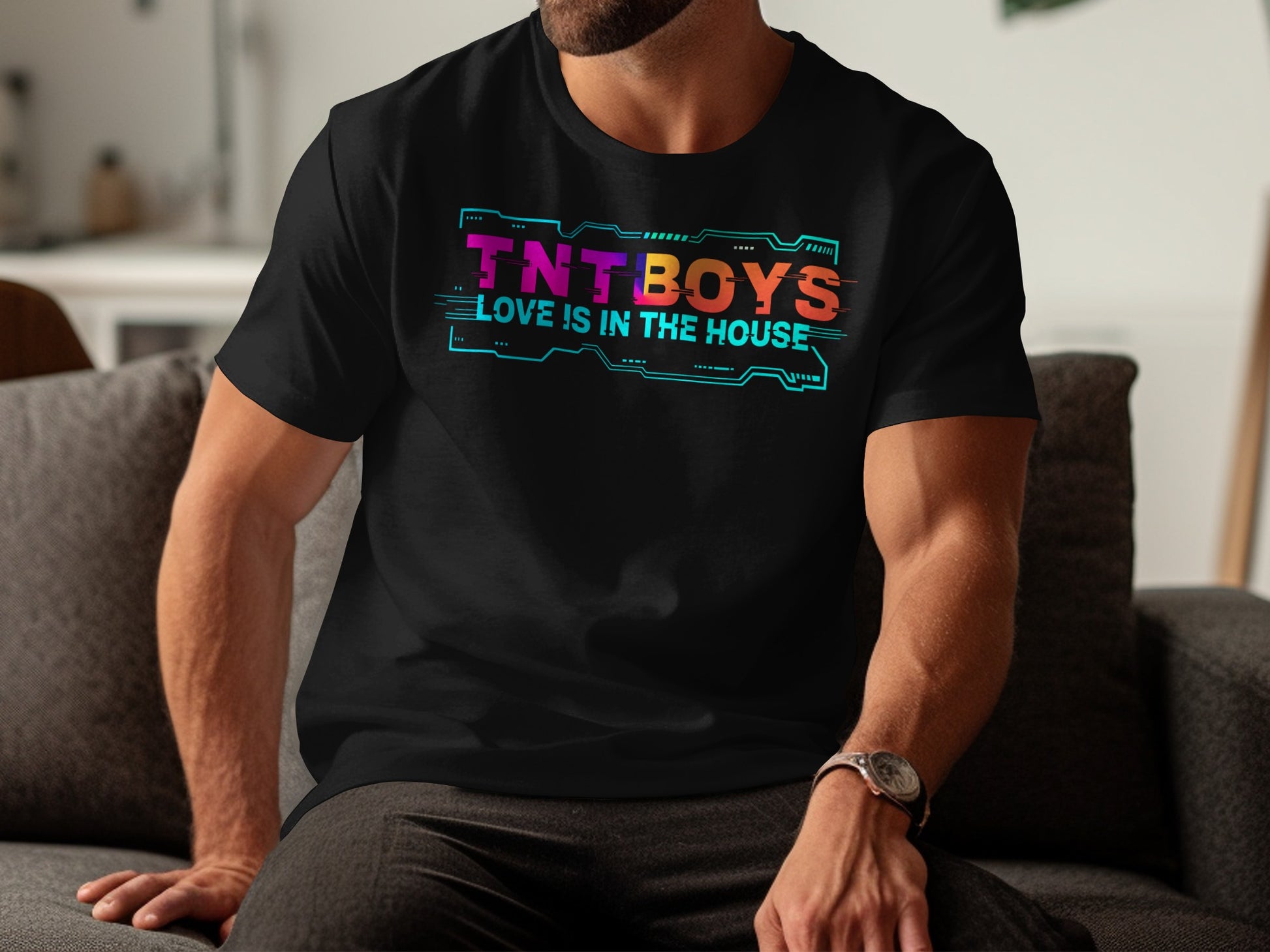 Black t-shirt with "TNT BOYS LOVE IS IN THE HOUSE" text in colorful, glitchy font.