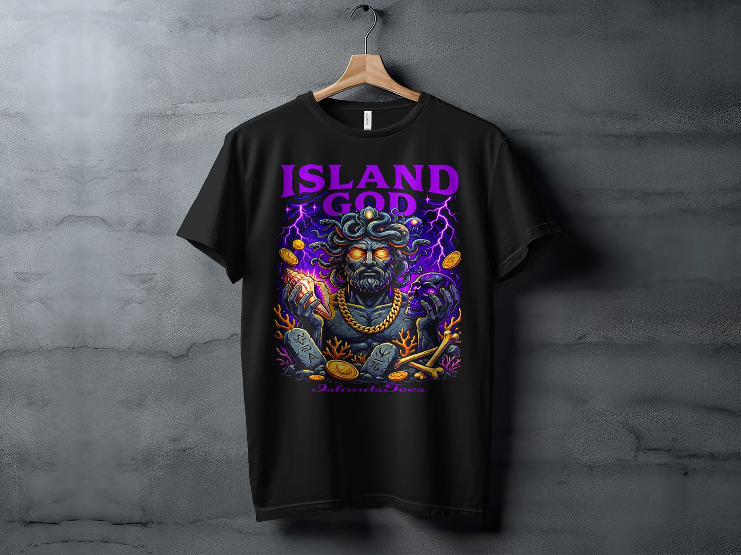 Black t-shirt featuring Greek mythological figure with purple text "ISLAND GOD".