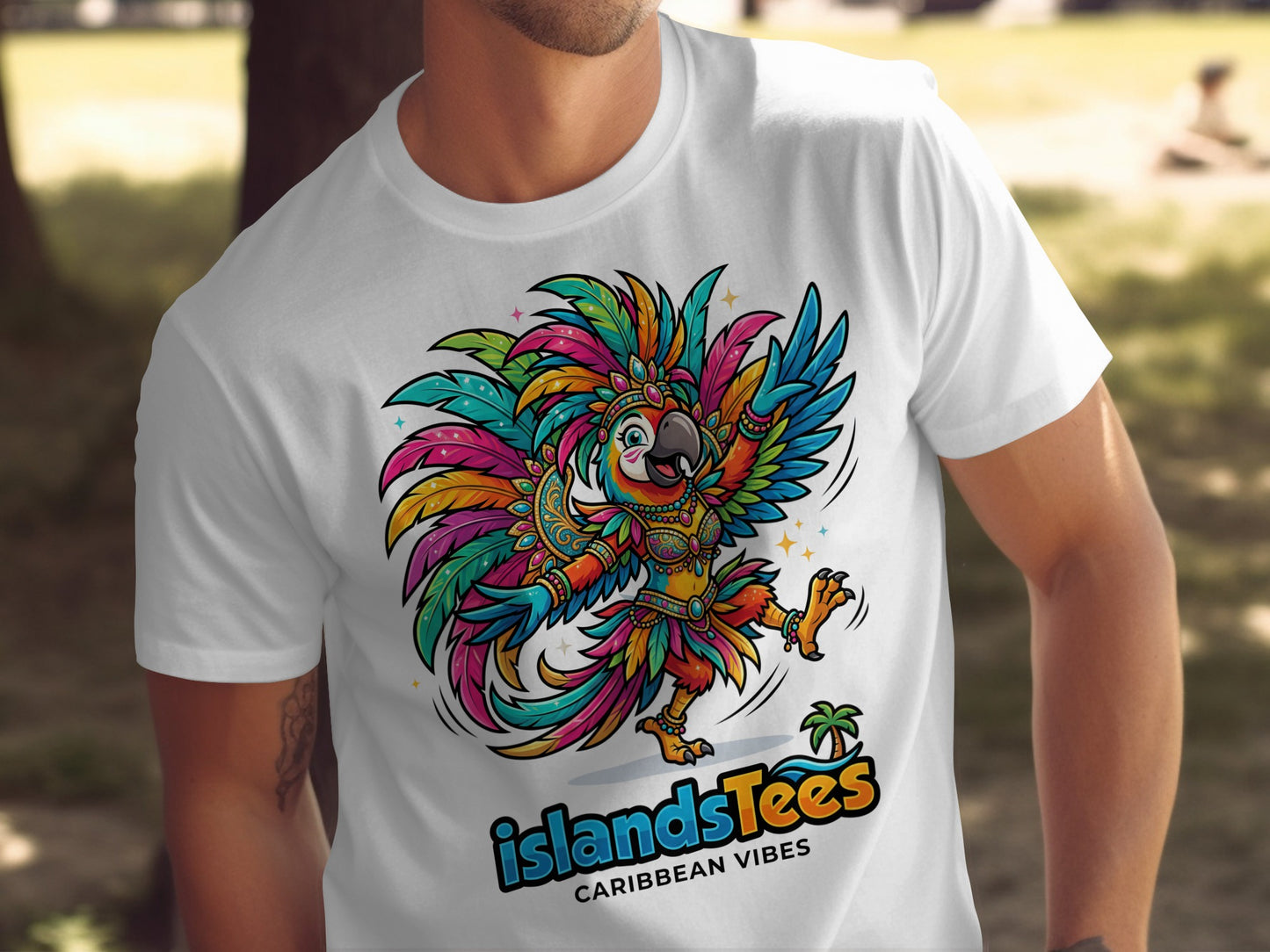 White t-shirt with colorful cartoon parrot and "IslandsTees Caribbean Vibes" text.