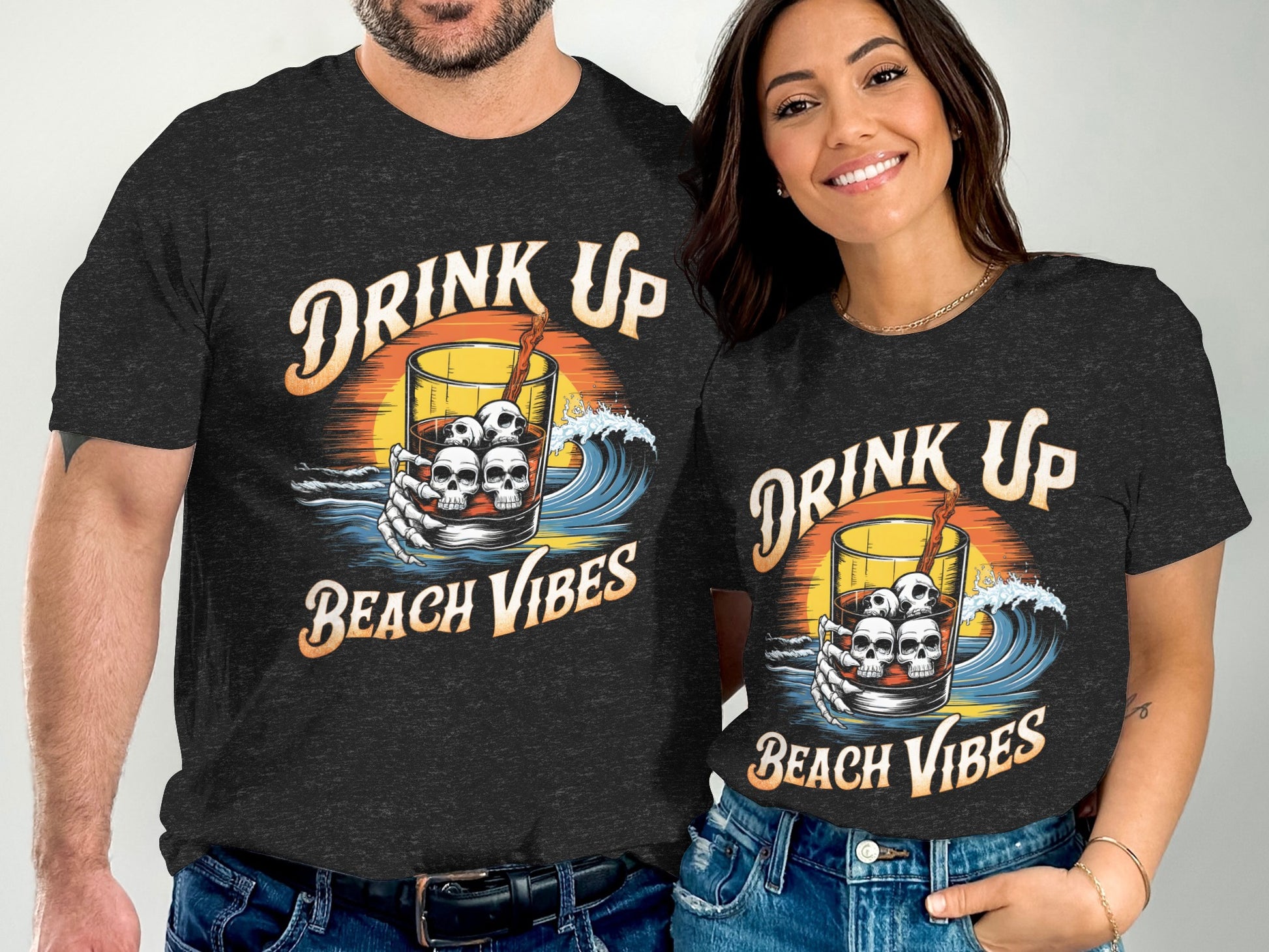Drink Up Beach Vibes Graphic T-Shirt Couples Matching