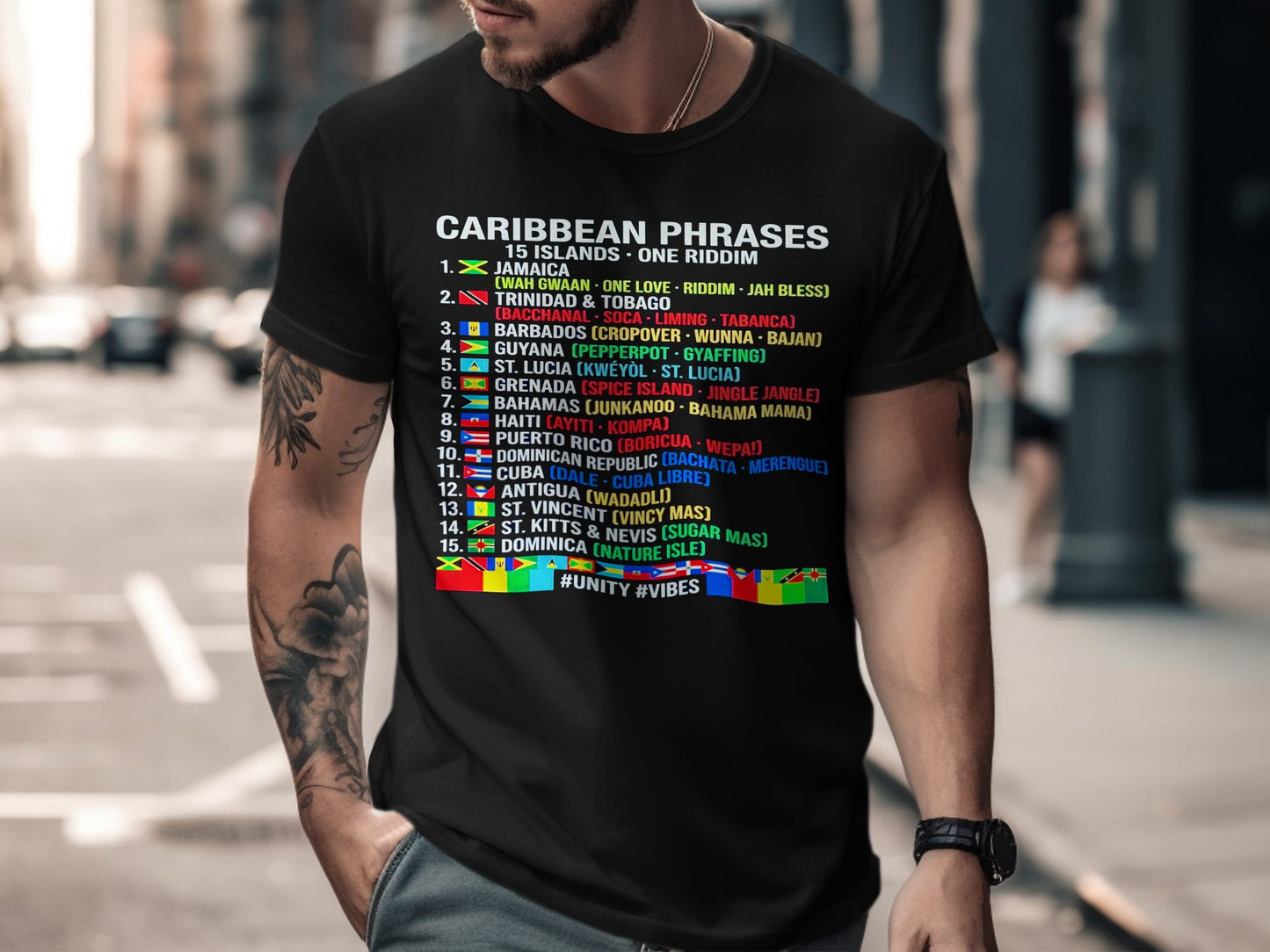 Black t-shirt with white text listing Caribbean phrases from 15 islands.