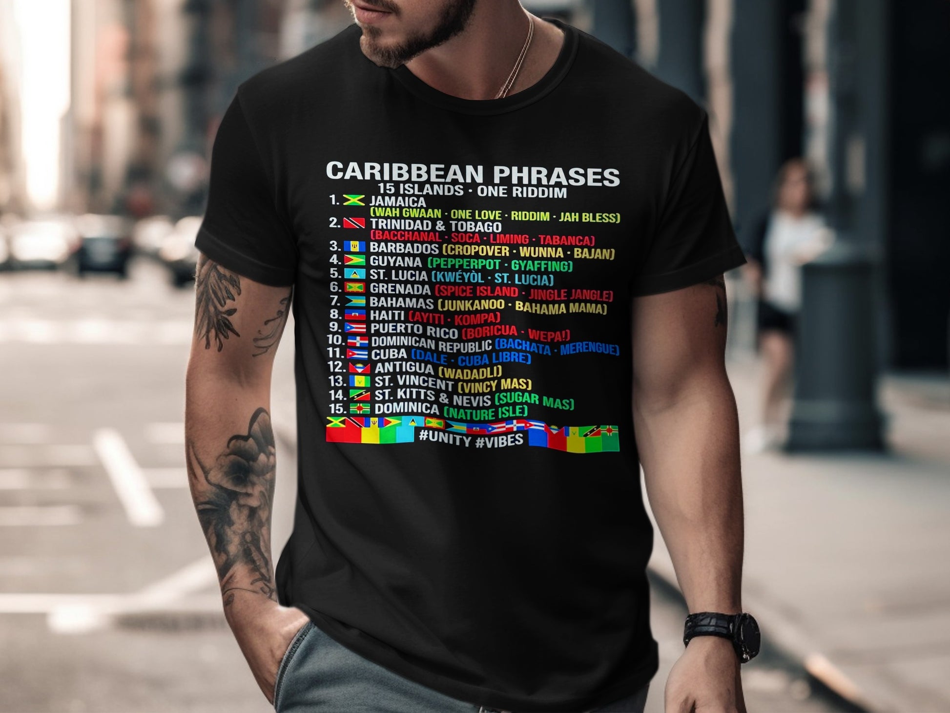 Black t-shirt with white text listing Caribbean phrases from 15 islands.