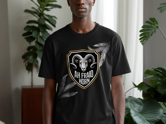 Ah Fraid Horn Graphic T-shirt with Feather Accents