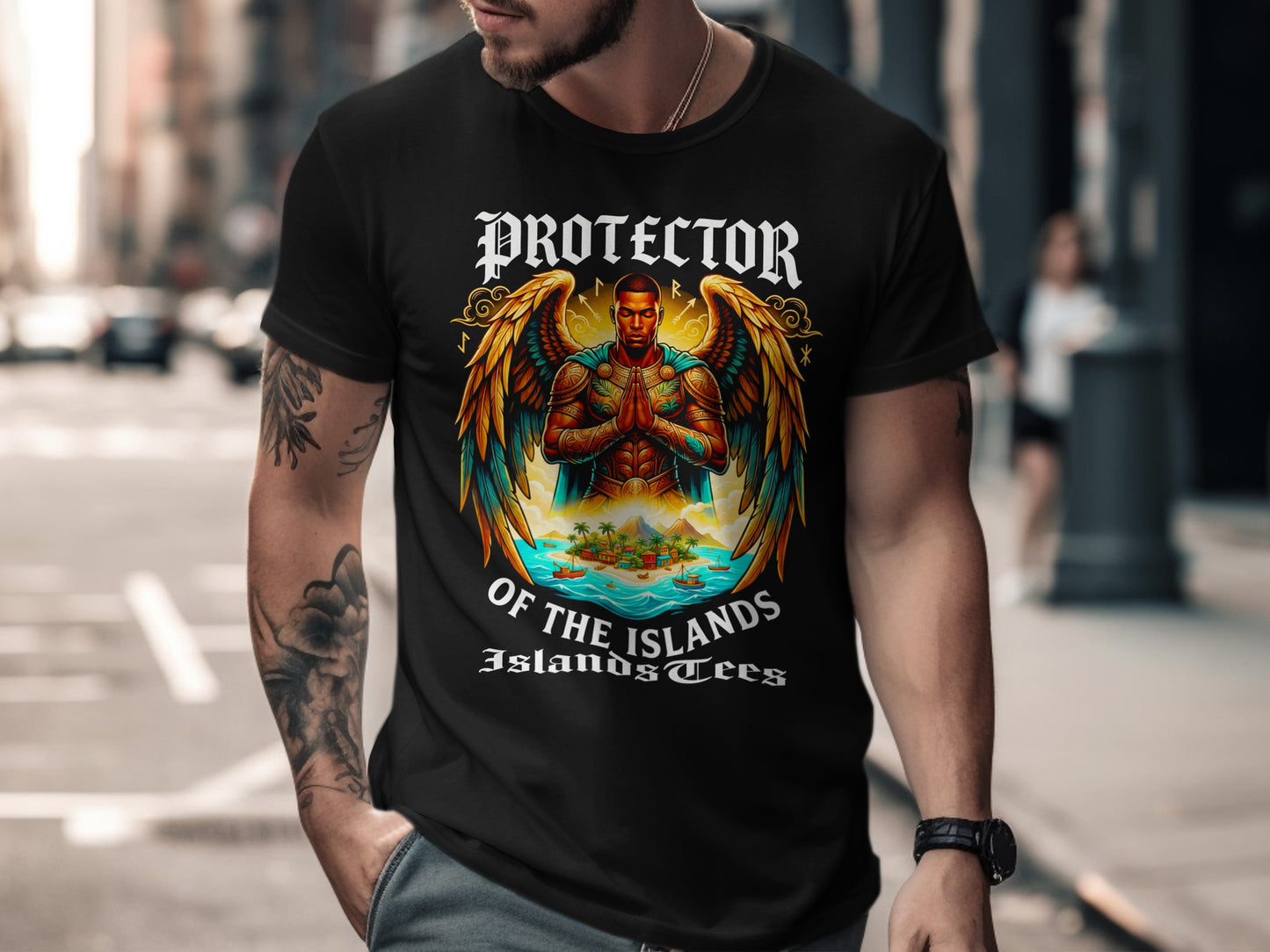 Black t-shirt featuring "Protector of the Islands" graphic with winged figure.