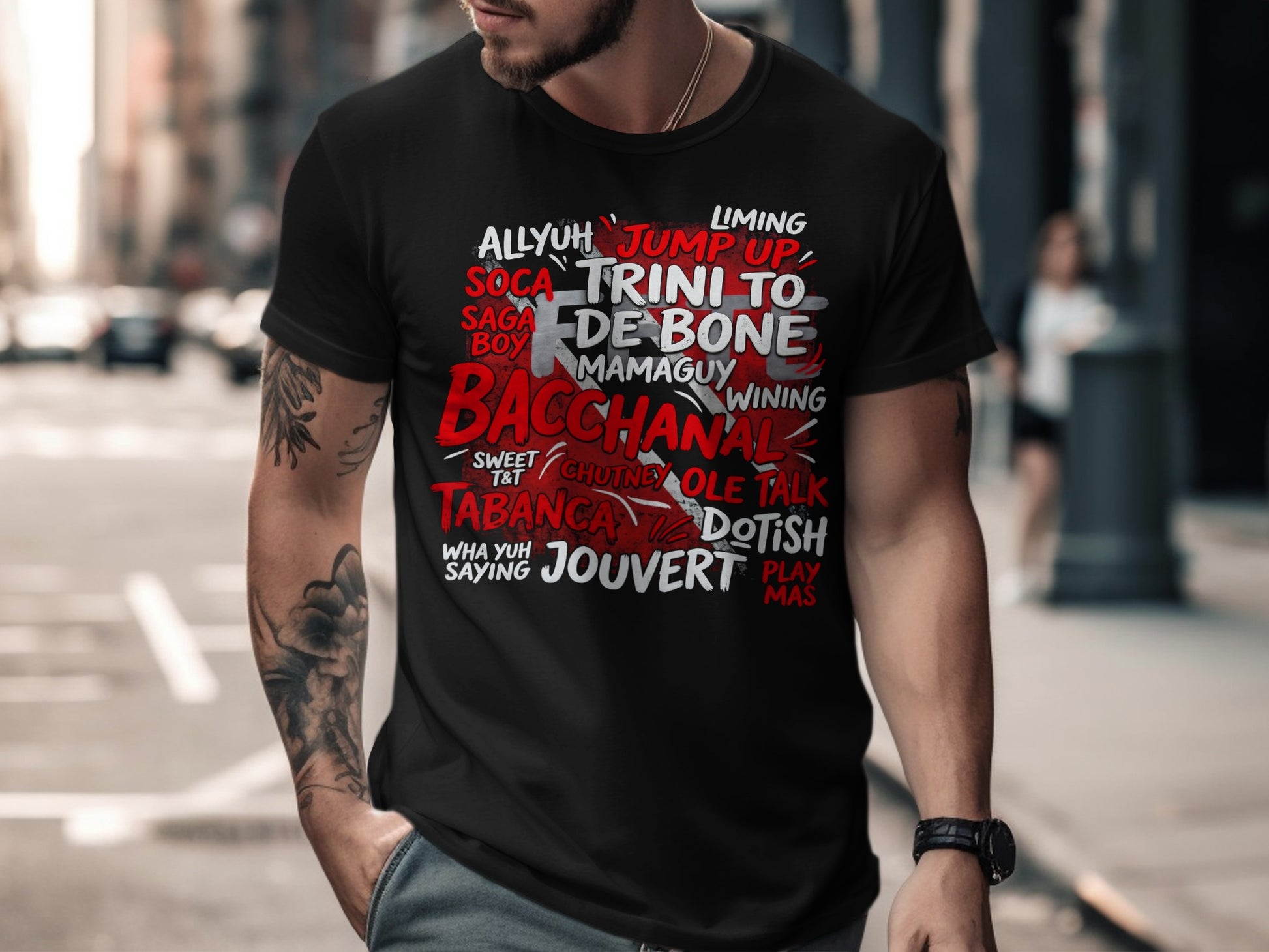 T-shirt with words relating to Trinidad and Tobago culture.