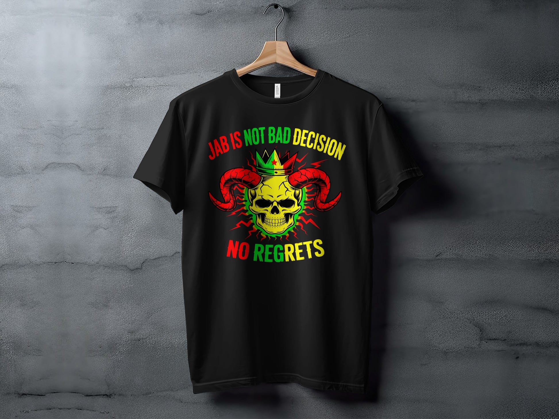 Black t-shirt with a skull, horns, crown, and "Jab is not bad decision no regrets" text.