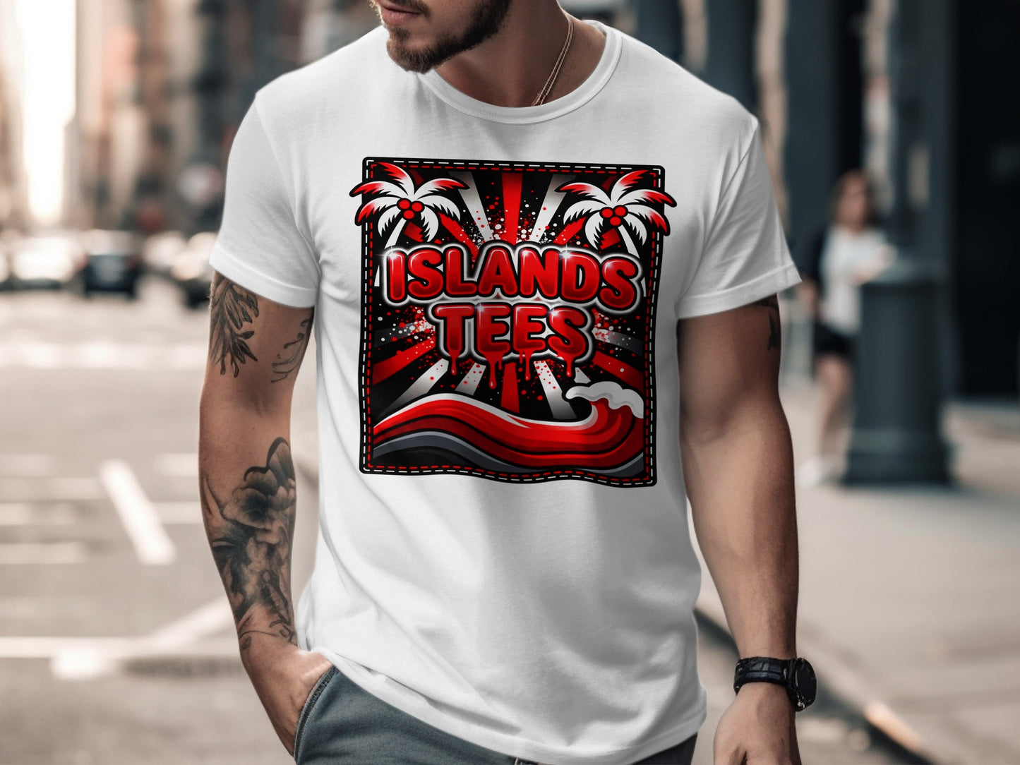 White t-shirt with red "ISLANDS TEES" text, palm trees, and a wave.