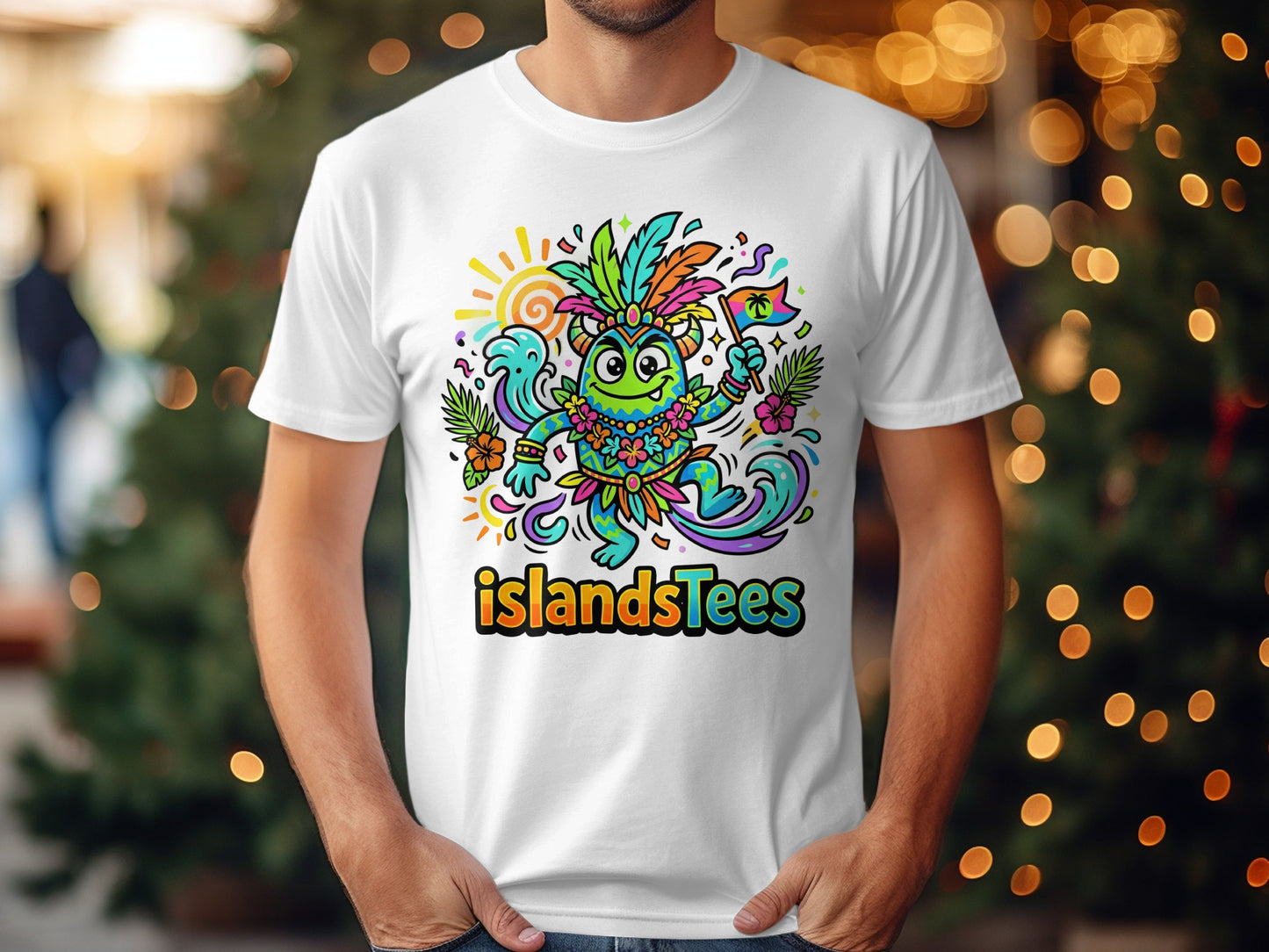 Cartoon creature with feathers and flag on white t-shirt.