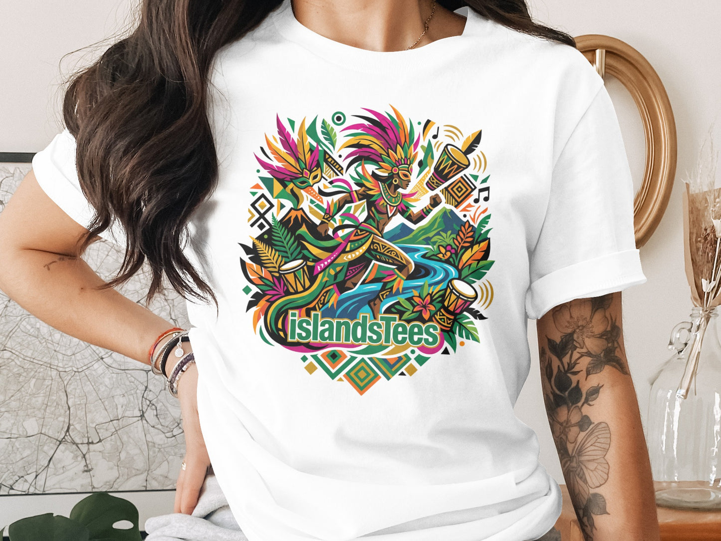 White t-shirt with colorful tropical island graphic and "Islandstees" text.