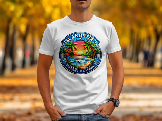 White t-shirt with circular "Islandstees Tropical Life & Apparel" logo featuring palm trees and ocean.