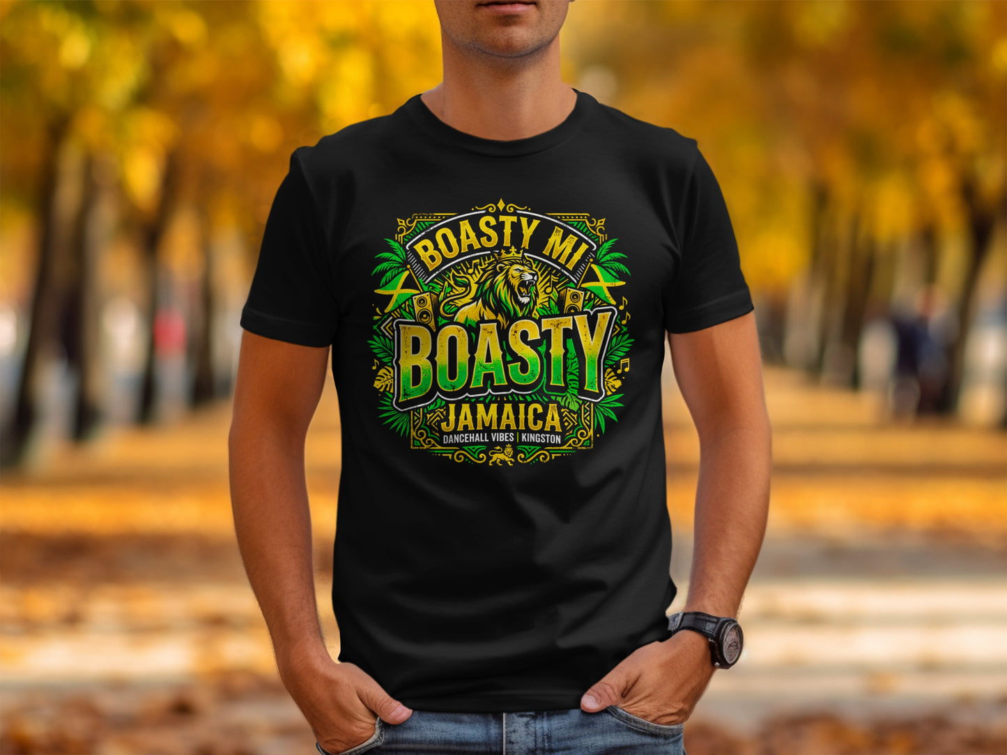 Black t-shirt with "Boasty Mi Jamaica" logo, featuring a lion and Jamaican flag colors.