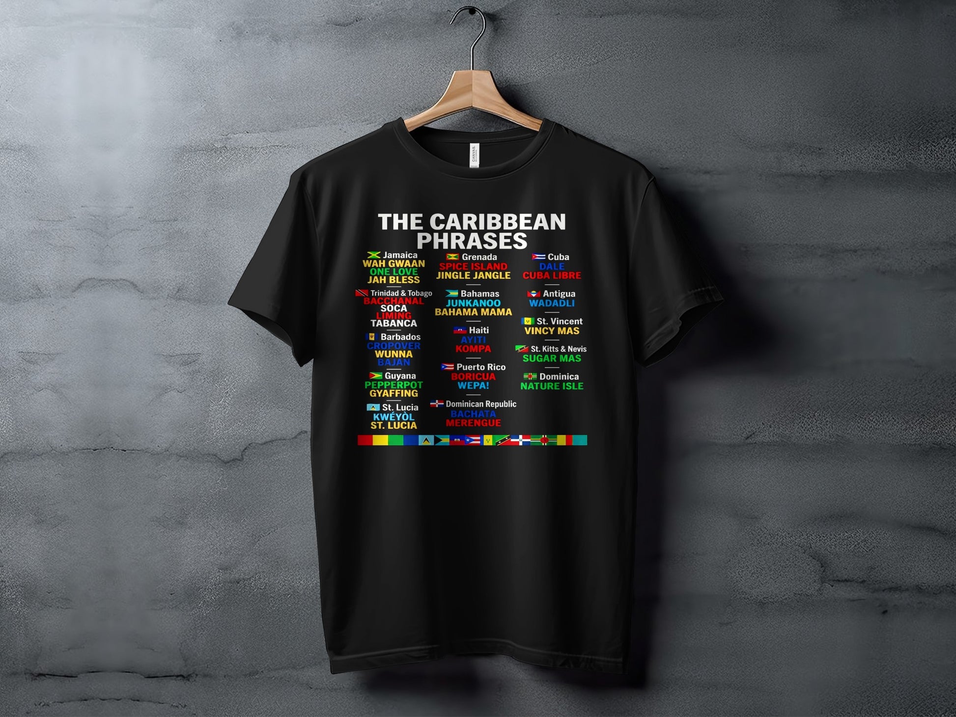 Black t-shirt with "The Caribbean Phrases" and a list of Caribbean islands with associated words and flags.