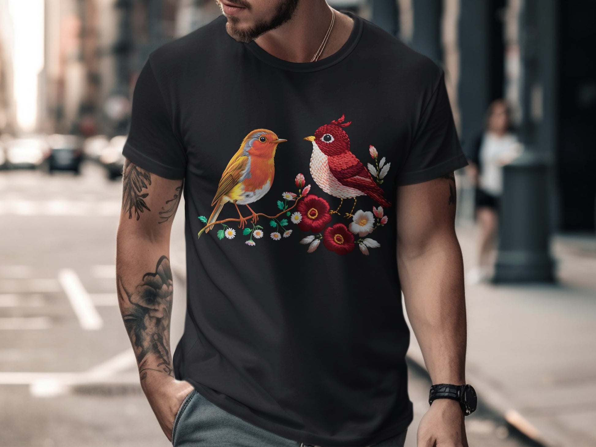 Colorful Bird Embroidery Design Fashion Tee Shirt