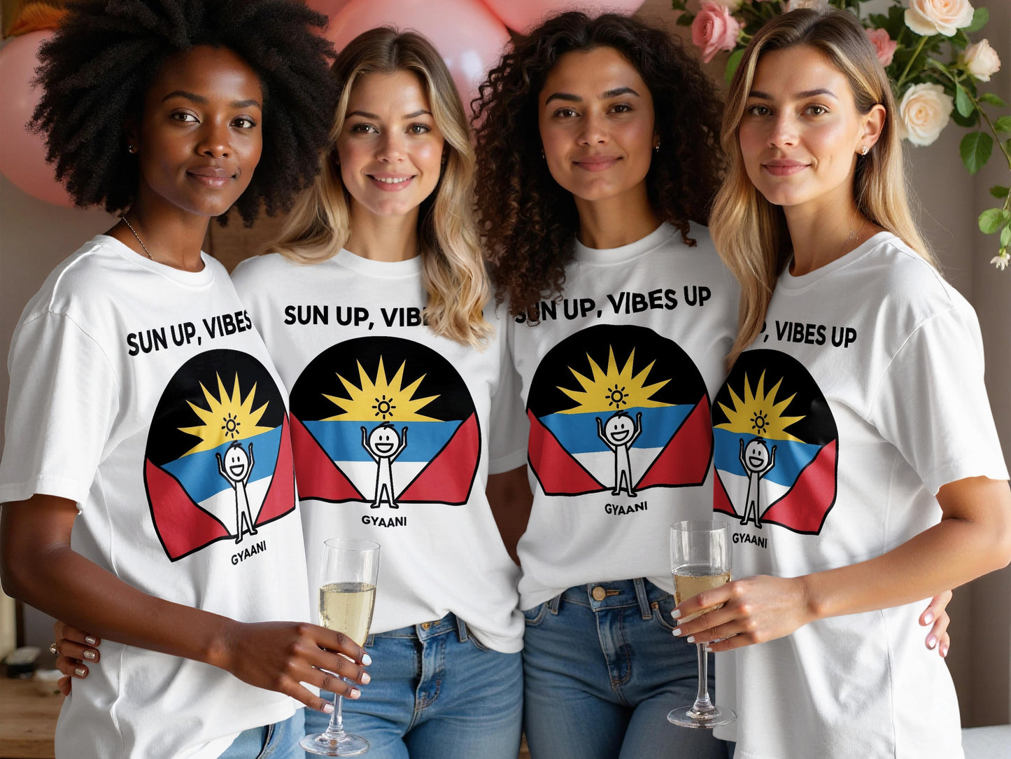 Four women wearing white t-shirts with "SUN UP, VIBES UP" and Antigua flag design.