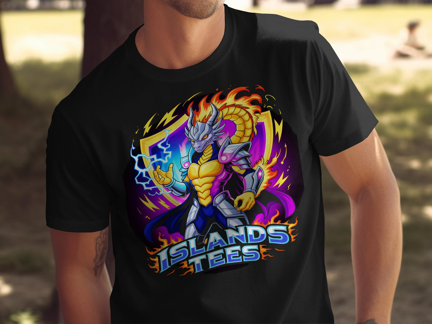 Vibrant Dragon Warrior Graphic Black T-Shirt Design
